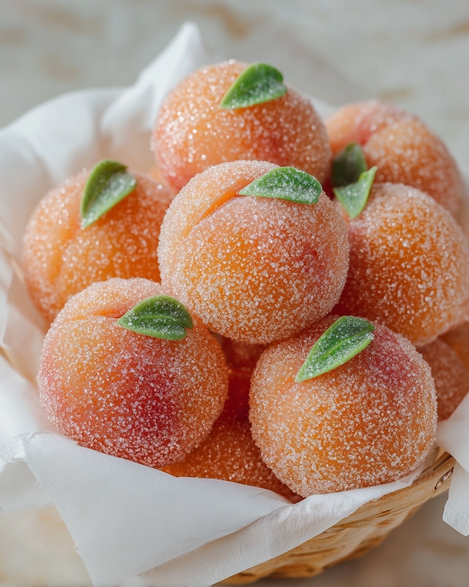 The image shows a close-up of round peach-shaped desserts piled in a white paper-lined basket. Each dessert is covered in fine sugar crystals that give a sparkling texture. The colors of the pastries range from soft peach to a light orange, with a subtle gradient that mimics the look of a real peach. Each has a small green leaf made of smooth fondant or icing placed at the top, adding detail and color contrast. The basket is placed on a white marbled texture surface. photo taken with an iphone --ar 4:5 --v 7