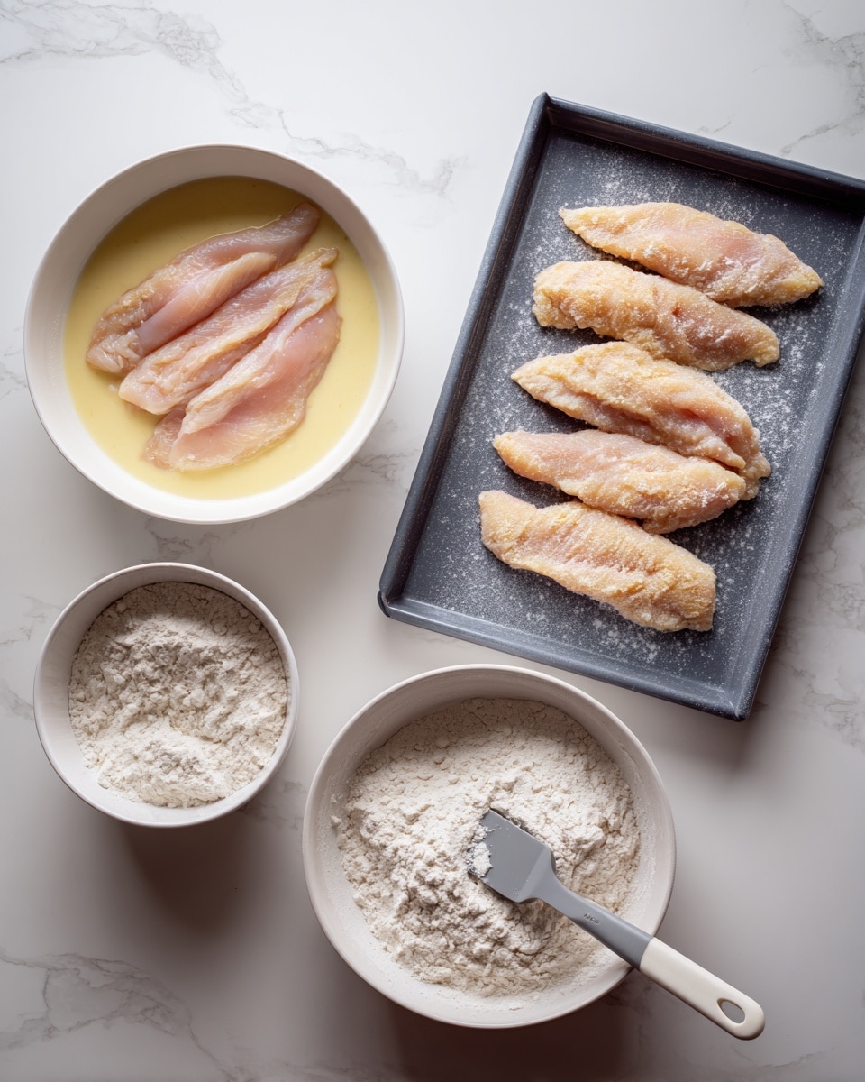 The image shows three main items on a white marbled surface: a white bowl filled with a creamy yellow liquid holding three raw light pink chicken strips partially coated in batter, a second white bowl next to it filled with white flour where three chicken strips are being coated with a gray and white spatula, and a dark gray baking tray containing five chicken strips coated with flour arranged neatly in a row. Photo taken with an iphone --ar 4:5 --v 7