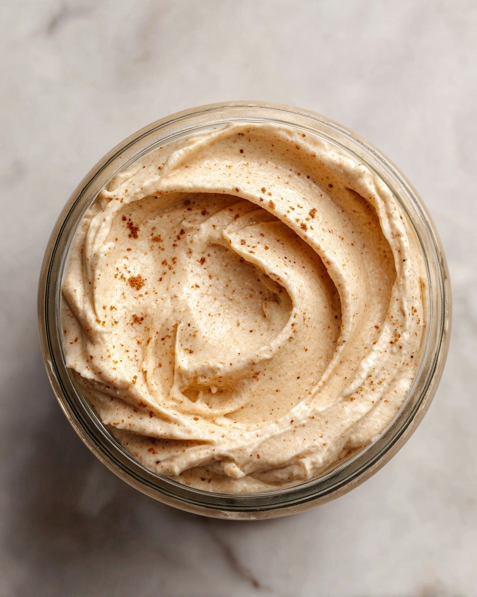 A close-up image of a small glass jar filled with creamy, light beige spread that has a smooth, slightly whipped texture. A silver knife holds some of the spread above the jar, showing its soft and thick consistency with small bits inside. The jar lid is open and placed next to it on a white marbled surface. The background is blurred with a cool blue tone, giving focus to the jar and knife photo taken with an iphone --ar 4:5 --v 7