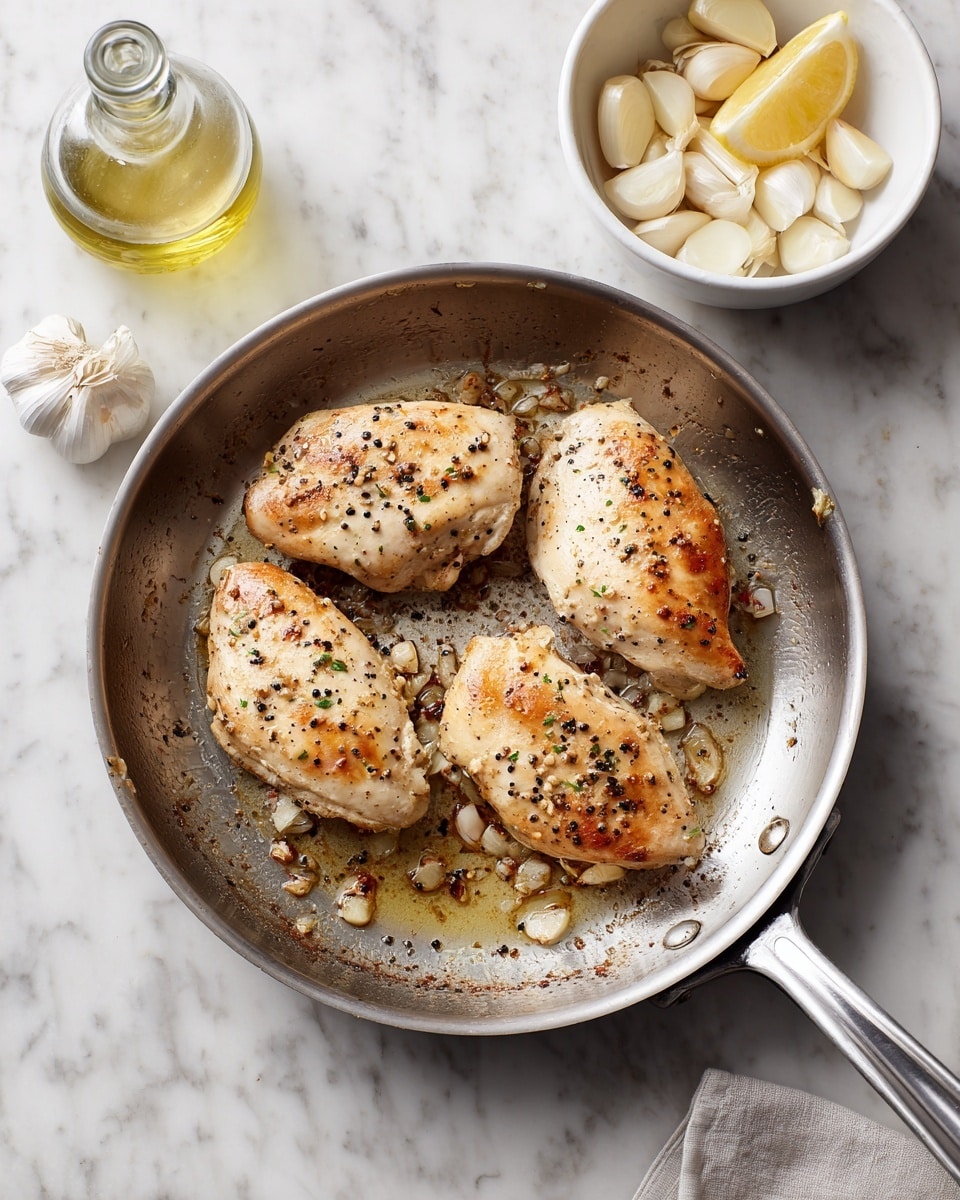 Three cooked chicken pieces with golden-brown spots and black pepper sprinkled on top are arranged in a round silver pan with a long handle and a smaller handle on the opposite side. The pan has some browned bits stuck to its surface. To the right, there is a white bowl filled with lemon wedges and white garlic cloves. Below left of the pan is a clear glass bottle with light yellow oil inside. The pan and bowl are placed on a white marbled surface photo taken with an iphone --ar 4:5 --v 7