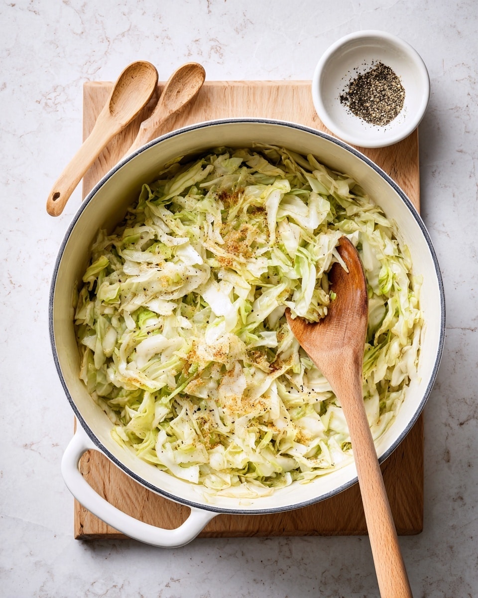 The image shows a large white pot filled with cooked shredded cabbage that is pale green and white with some brown breadcrumbs sprinkled on top. A wooden spoon is partially buried on the right side inside the pot, stirring the cabbage. Next to the pot, there is a small white bowl with black pepper and a wooden spoon resting on it. The pot sits on a light wooden board, and the background surface is a white marbled texture. The photo taken with an iphone --ar 4:5 --v 7