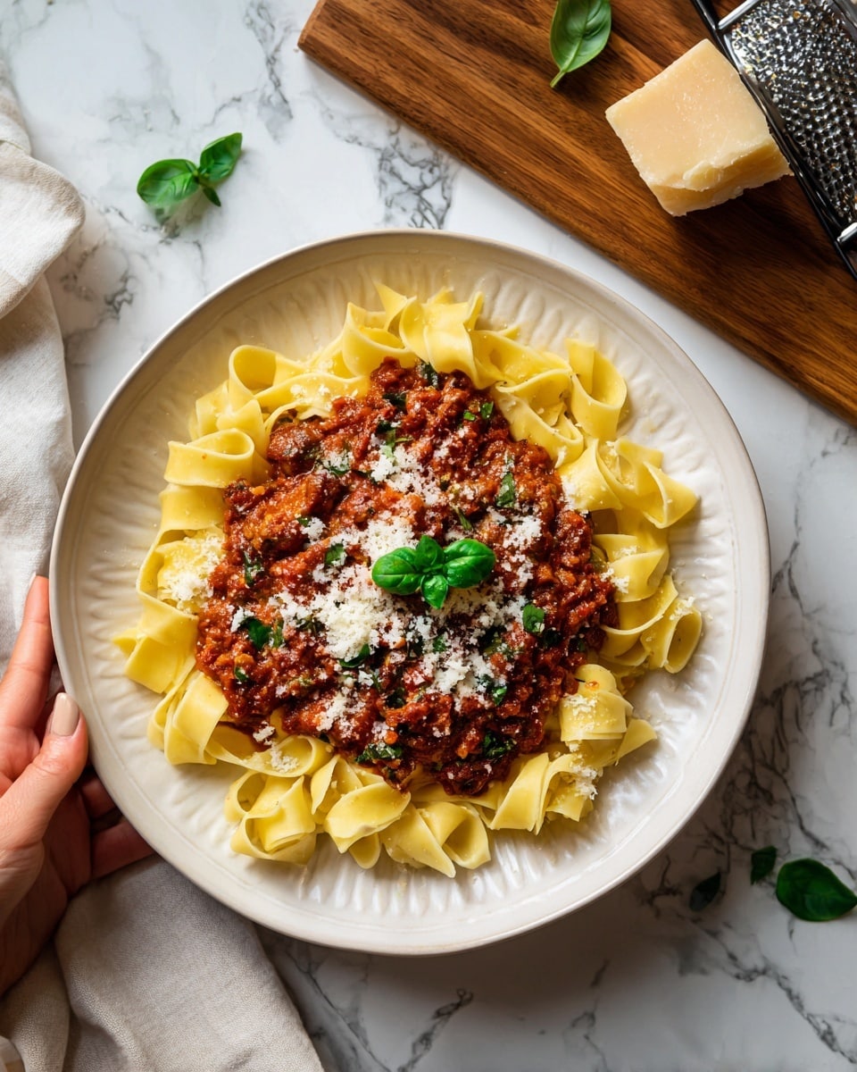 The dish shows a white plate with wide, curled pasta ribbons forming the bottom layer, pale yellow in color and smooth in texture. On top of this is a thick, chunky red sauce made with visible pieces of vegetables and meat, spread mostly in the center. The dish is sprinkled with small white grated cheese bits and garnished with a few small bright green basil leaves scattered on the sauce. The plate sits on a white marbled surface, with a wooden board holding a handheld cheese grater and more cheese on the right side. A woman's hand is partly visible holding the plate from the top left corner. Photo taken with an iphone --ar 4:5 --v 7