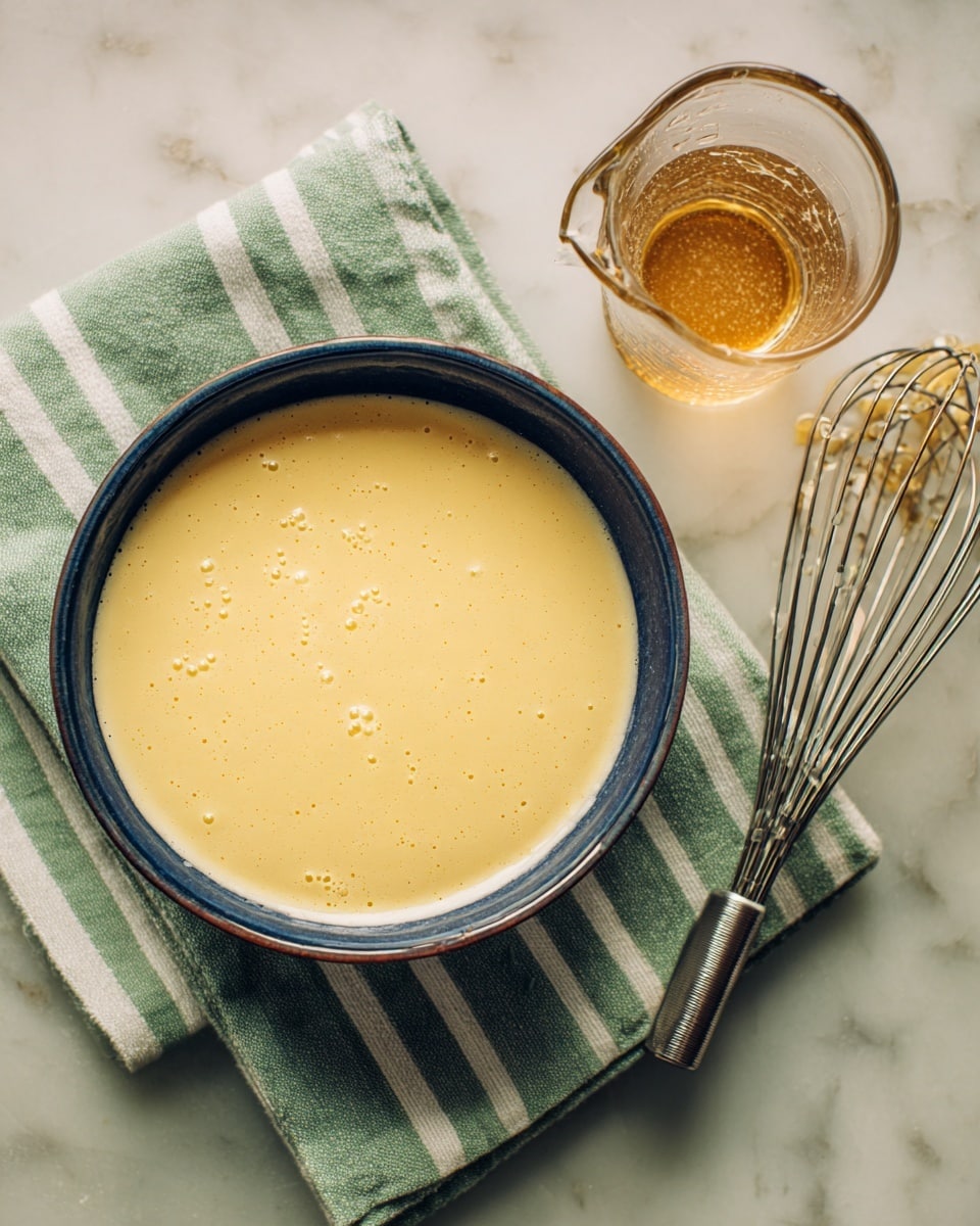 A dark blue bowl filled with a smooth, yellow creamy mixture sits on top of a light green cloth with thin white stripes, placed on a white marbled surface. To the right of the bowl is a clear glass measuring jug with some clear liquid inside, and beside it lies a silver whisk with some of the yellow mixture on its wires and a few drops on the white marbled surface. The lighting is soft and natural, showing small bubbles on the surface of the creamy mixture photo taken with an iphone --ar 4:5 --v 7
