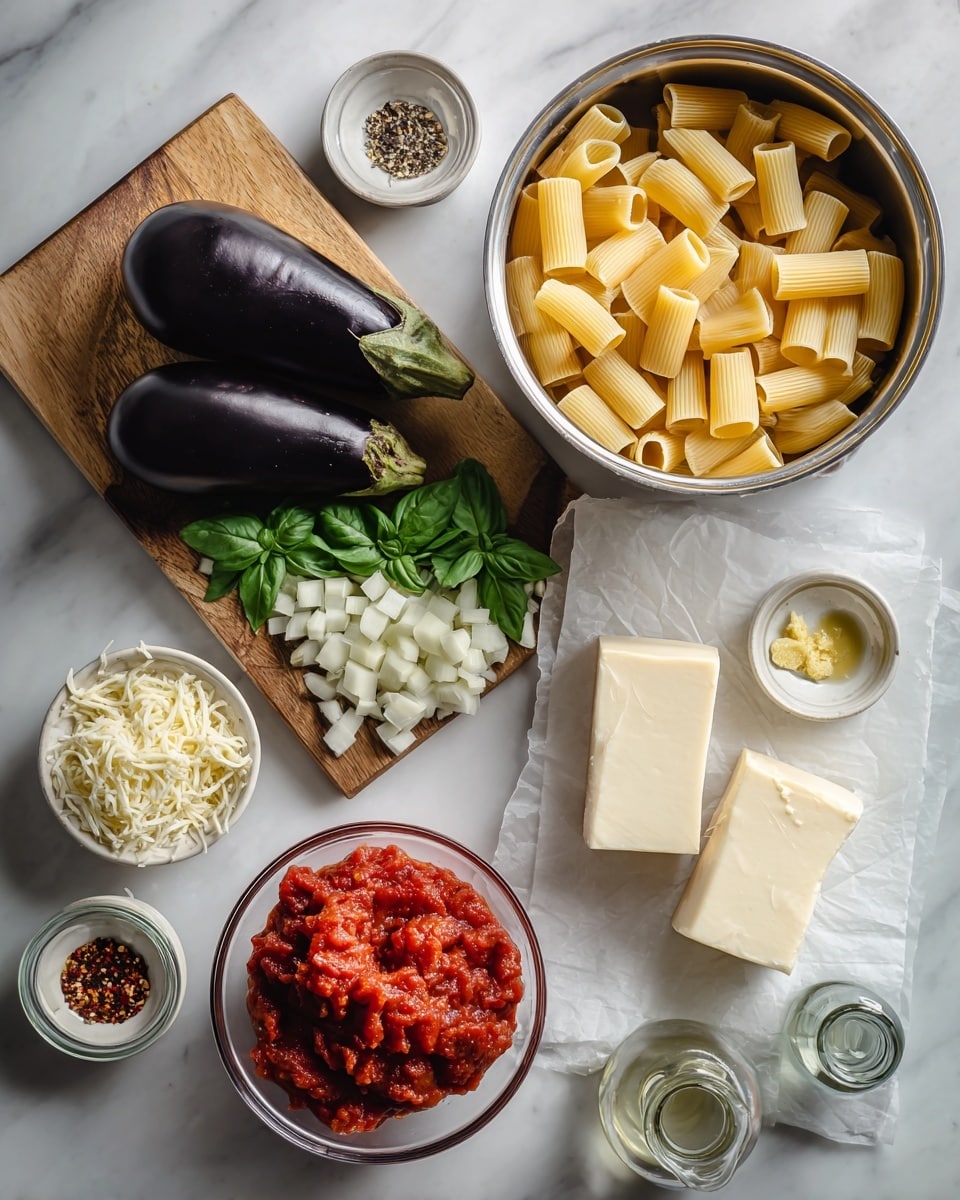 The image shows ingredients for a pasta dish arranged neatly on a white marbled surface. On a small wooden board, there is a whole dark purple eggplant with part of it chopped into light beige cubes, next to fresh bright green basil leaves and chopped white onion. To the right, a stainless steel pot is filled with cooked light yellow rigatoni pasta. Below, a clear glass bowl holds bright red crushed tomatoes. Two blocks of white cheese are placed on parchment paper, with some cheese shredded beside them. Small bowls hold minced garlic, a mix of salt, pepper, and red pepper flakes, and a small glass jar with clear oil stands nearby. The colors are soft and natural with a clean and fresh setup, photo taken with an iphone --ar 4:5 --v 7