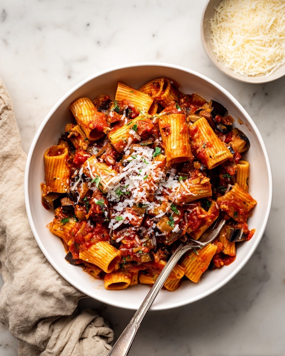 Two white bowls filled with pasta are shown on a white marbled surface. Each bowl has a layer of tube-shaped pasta mixed with chunky red tomato sauce, pieces of cooked eggplant, and small bits of herbs. The pasta is topped with scattered white shredded cheese. Next to the bowls is a small dark green bowl filled with more shredded white cheese. A beige cloth napkin and a silver fork are placed near one bowl, and a glass with ice and a lemon slice is partially visible in the top left corner. photo taken with an iphone --ar 4:5 --v 7