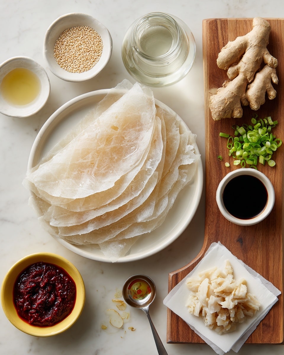 A round white plate holds a neatly stacked pile of translucent rice paper sheets with a subtle woven pattern; around the plate, on a white marbled surface, are several ingredients arranged in small bowls and on boards. Starting from the top left, there is a small white bowl with light sesame seeds, next to it a small white bowl with a clear liquid, and a glass jug with another clear liquid. To the right, on a wooden cutting board, a large piece of ginger root sits beside a small heap of finely chopped green onions. Below, on a small yellow bowl, is a deep red chili sauce with textured bits, and next to it, a small white cup with dark soy sauce. Below these, a small square piece of parchment paper holds a large pile of pale minced meat or fish, and next to it is a metal measuring spoon with a bit of golden oil. The overall layout is clean and well spaced. Photo taken with an iphone --ar 4:5 --v 7