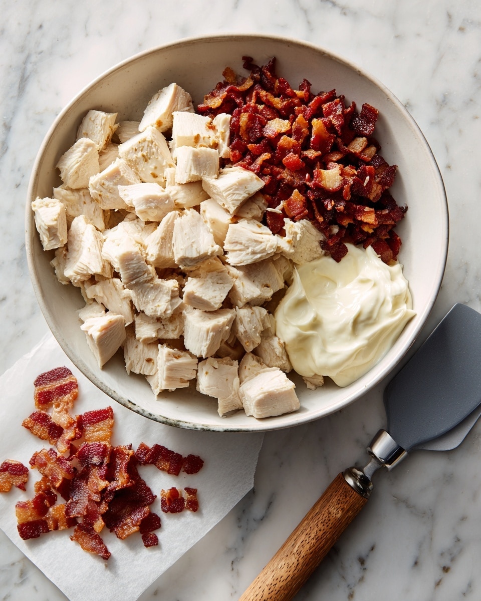 A large white bowl sits on a white marbled surface, filled with three separate layers of food. The biggest layer is diced white chicken pieces, taking up most of the bowl. On top of the chicken, on one side, there is a small pile of crispy reddish-brown chopped bacon, and next to it, there is a dollop of thick white mayonnaise. The bowl’s smooth interior contrasts with the rough texture of the food inside. To the right of the bowl, a spatula with a wooden handle and a gray silicone head lies flat on the surface. To the left, small pieces of bacon sit on a square piece of parchment paper placed on the marble. Photo taken with an iphone --ar 4:5 --v 7