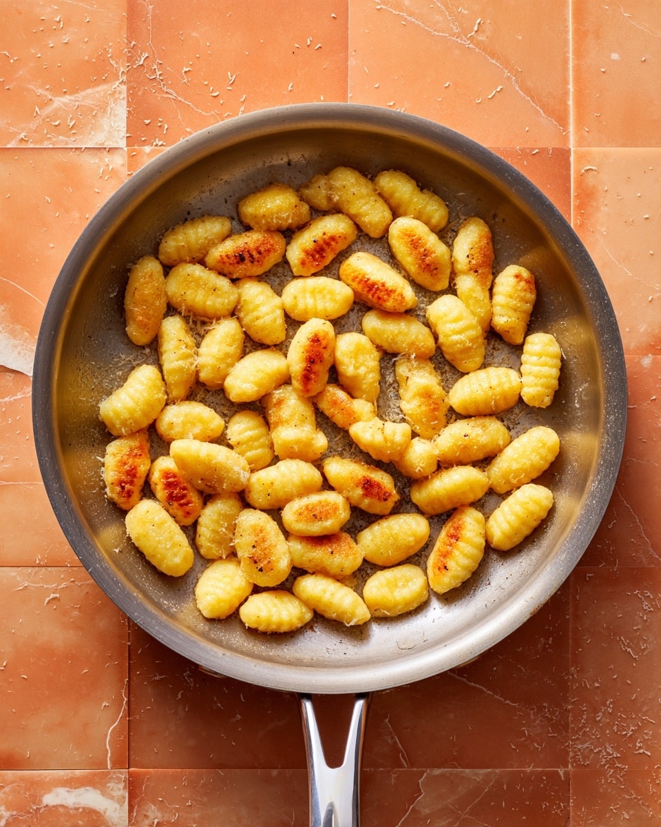 The image shows a metal pan filled with small, oval-shaped gnocchi pieces that are golden brown on some sides and light yellow on others. The gnocchi are spread evenly across the pan's surface, with some clumped slightly together. The pan is placed on an orange tiled surface which is changed to a white marbled texture in the description. The pan has a shiny silver handle extended to the right side. photo taken with an iphone --ar 4:5 --v 7