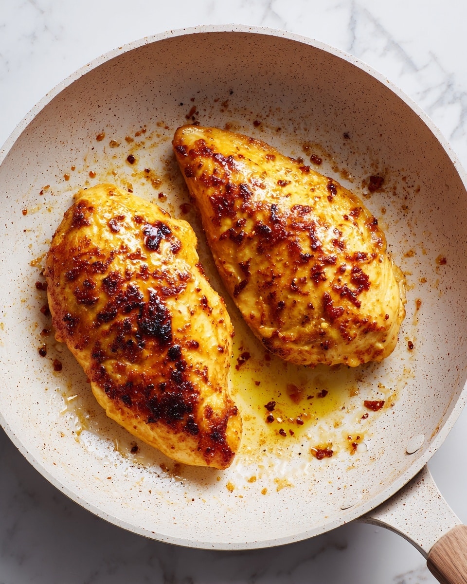 A white speckled frying pan holds two pieces of cooked chicken, each with a golden brown crispy surface and light char marks. The chicken pieces are placed side by side in the center of the pan, which has some browned bits and oil residue around them. The pan handle extends to the right over a white marbled surface. The lighting highlights the texture of the chicken skin and the speckled finish of the pan. photo taken with an iphone --ar 4:5 --v 7