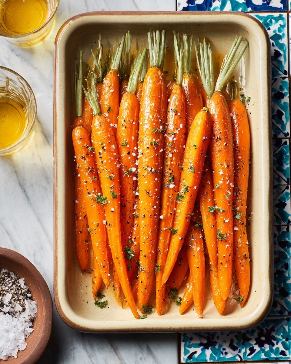 A beige tray holds a single layer of whole carrots arranged side by side, with their green tops trimmed short, varying slightly in size and shape. The carrots have a bright orange color with a light sheen and are sprinkled with coarse black pepper and salt. The tray is set on a white marbled surface that contrasts with a portion of a tiled blue and white pattern visible around the edges. There is also a glass of yellowish liquid near the tray. photo taken with an iphone --ar 4:5 --v 7