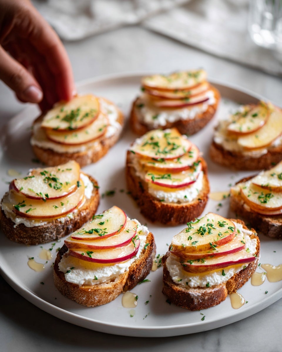 The image shows several slices of toasted bread neatly arranged on a large white oval plate placed on a white marbled surface. Each slice has three layers: a base of crunchy golden brown toast, a middle layer of smooth white cream spread, and on top, thin slices of yellow and red peach arranged in a slightly fanned shape. Small green leaves are sprinkled over the peaches, adding a fresh touch. Golden honey drops are drizzled over the toasts and plate, creating a shiny texture. Next to the large plate, a small white plate holds two similar peach-topped toasts with a woman's hand gently reaching for one. In the background, an orange-hued drink in a glass adds color contrast. The overall look is fresh, light, and inviting. photo taken with an iphone --ar 4:5 --v 7