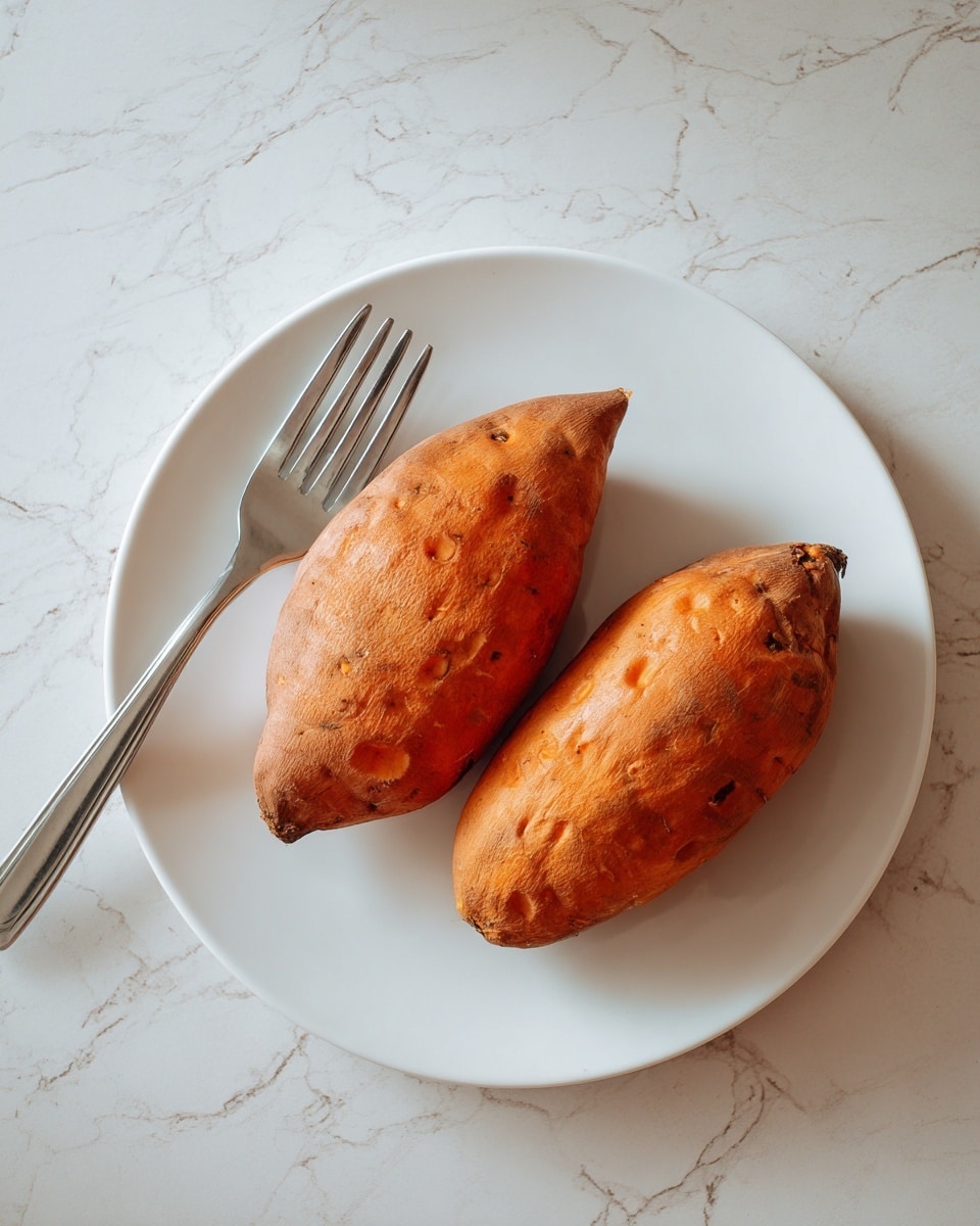 A white round plate on a white marbled surface holds two whole baked sweet potatoes with orange-brown skin and small holes on their surface. A silver fork rests on the left side of the plate, angled slightly upward. The scene is simple and clean with warm natural lighting. photo taken with an iphone --ar 4:5 --v 7