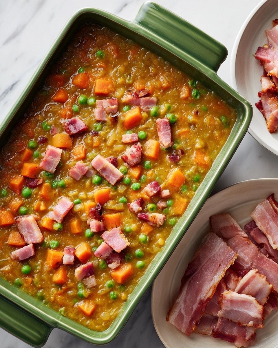 The image shows a green rectangular baking dish filled with a thick soup or stew. The stew has a yellowish-brown base with visible orange carrot cubes and green peas mixed throughout. On top of the stew, there are small pieces of raw pink bacon scattered. Next to the green baking dish, on a white plate, there are more small pieces of raw bacon, placed on a white marbled surface background. The scene is well-lit, highlighting the colors and textures of the food. photo taken with an iphone --ar 4:5 --v 7