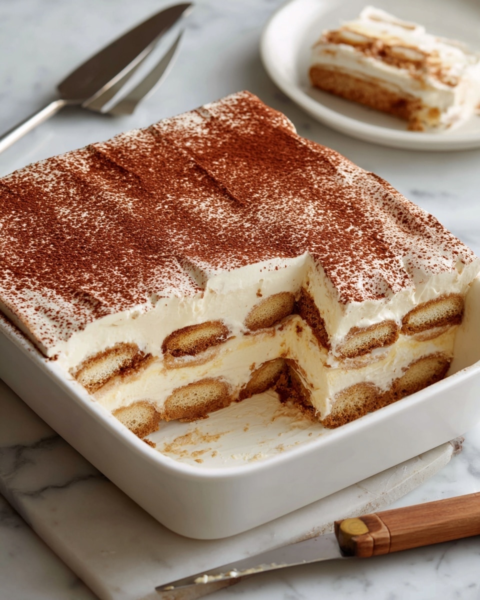 The image shows a white square baking dish filled with a layered dessert. The top layer is a smooth cream covered with a fine dusting of brown cocoa powder. Three layers of light brown biscuit or cake pieces are visible through a creamy off-white filling between them. One corner portion has been removed, showing the layers clearly. The baking dish is placed on a white marbled surface, with a metal spatula with a wooden handle resting nearby on a white plate. Photo taken with an iphone --ar 4:5 --v 7