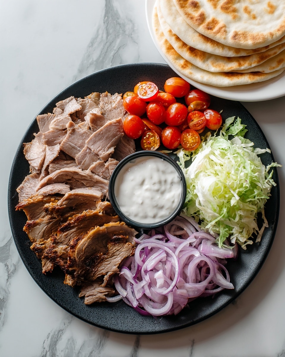 A round black plate holds four sections of food and a small bowl of sauce, all neatly arranged. One section contains thin, brown slices of cooked meat stacked on top of each other. Next to it are bright red, halved cherry tomatoes. Another section has thinly sliced light purple onions, and the last section is filled with shredded pale green lettuce. The small white bowl with white sauce is placed near the lettuce. To the side, there is a white plate with round flatbreads stacked slightly overlapping. The setting is on a white marbled surface. photo taken with an iphone --ar 4:5 --v 7