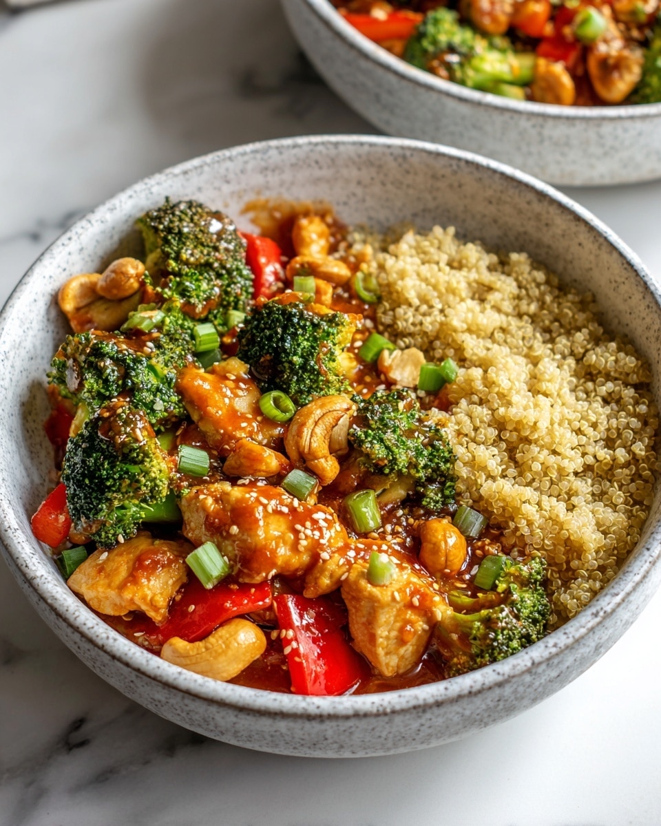 The image shows a black wok filled with a colorful stir-fry of cooked chicken pieces, bright green broccoli florets, and red bell pepper chunks. The chicken pieces are light golden brown with a slightly crispy texture, mixed evenly with fresh-looking vegetables. A dark brown sauce is being poured from a clear container into the stir-fry, adding shine and moisture to the dish. The wok has a wooden handle and sits on a surface with a white marbled texture. Wisps of steam rise from the hot food, enhancing the sense of freshness and heat. photo taken with an iphone --ar 4:5 --v 7