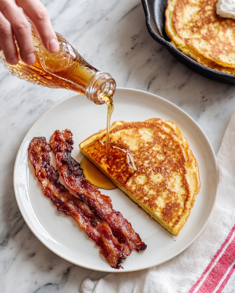 On a white plate placed on a white marbled surface, there are two dark brown crispy bacon strips on the left side. On the right side of the plate, there is a thick slice of golden brown pancake with a slightly crispy edge and a fluffy texture. A woman's hand is pouring light amber syrup from a small glass bottle over the pancake, with syrup pooling around the base of the slice. In the background, there is a white plate with a smaller triangular piece of pancake topped with a white dollop, and a black cast iron skillet with more of the golden brown pancake inside. A white cloth with red stripes is partially visible near the top right corner. Photo taken with an iphone --ar 4:5 --v 7
