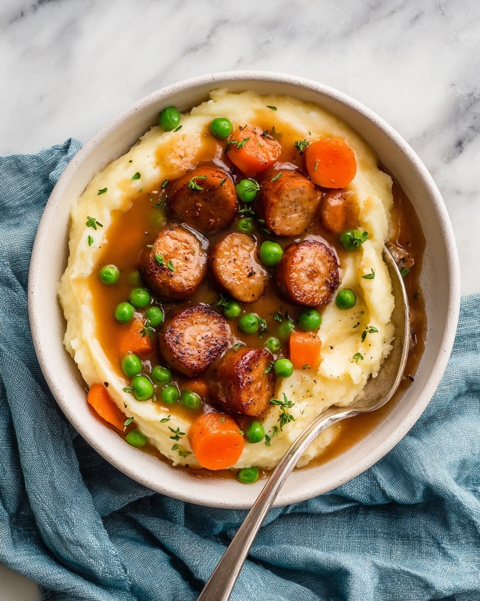 A white bowl holds a layered dish starting with a base of soft, creamy mashed potatoes that have a smooth texture. On top of this, there are orange carrot slices and green peas scattered around. Over the vegetables, several golden-brown sausage pieces are placed, each cut into thick chunks with a slight crispy outer texture. The entire dish is covered in a shiny brown gravy that looks rich and warm, coating the sausages, vegetables, and mashed potatoes evenly. A silver spoon rests in the bowl, and the bowl sits on a soft blue cloth with folds, all against a white marbled surface. photo taken with an iphone --ar 4:5 --v 7