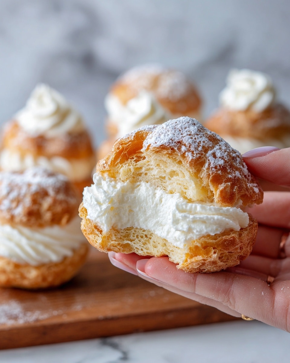 A close-up of a woman's hand holding a piece of a cream puff, showing the light golden brown flaky pastry outer layer covered with a light dusting of powdered sugar. Inside, there is a thick layer of white whipped cream filling that looks soft and creamy. In the blurred background, several whole cream puffs with white whipped cream on top are placed on a brown wooden surface. The photo is set against a white marbled texture background. Photo taken with an iphone --ar 4:5 --v 7