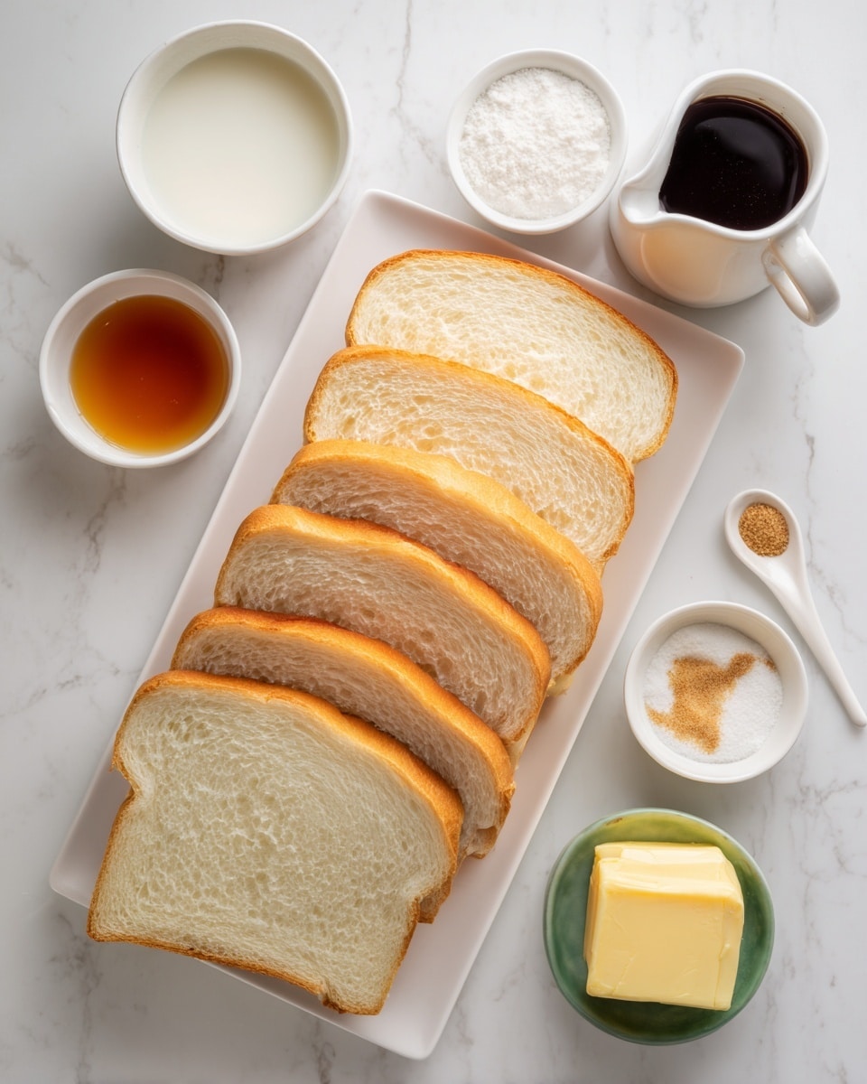The image shows eight slices of white bread stacked evenly on a white rectangular plate on a white marbled surface. To the left, there is a round white bowl filled with milk at the bottom, above it a white small bowl contains a light brown syrup, next to it a small white pitcher with dark brown liquid, top left a white ramekin with white powder, bottom right a small green bowl holding a yellow block of butter, and a white spoon with a small amount of brown spice on it next to the bowl. The scene is bright and clean. Photo taken with an iphone --ar 4:5 --v 7