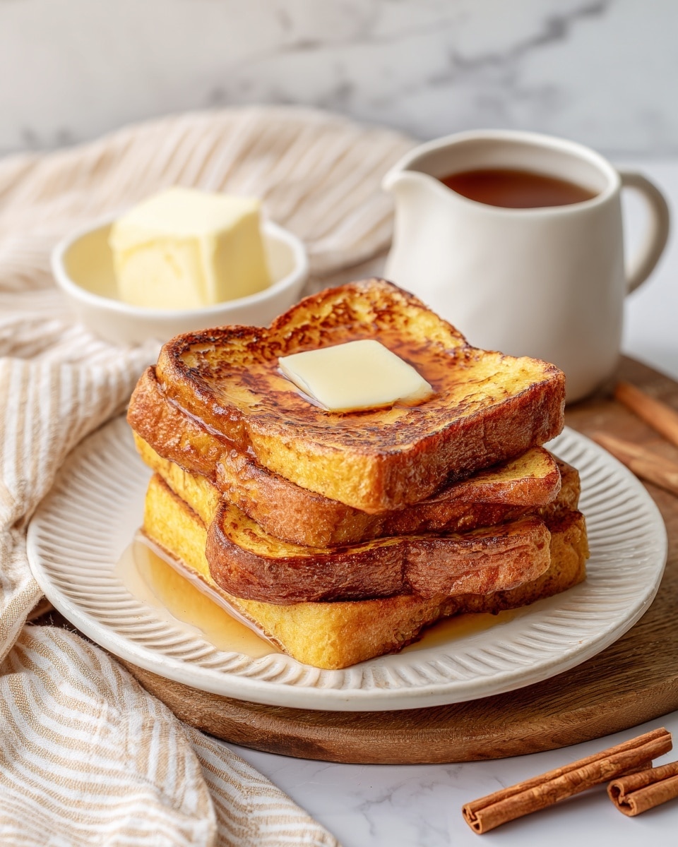 A stack of four thick, golden-brown toasted bread slices sits on a white round plate with ridged edges. The top slice has a melting square of pale yellow butter in the center, glossy from heat. A fork holds up a bite-sized piece of the top toast, showing its soft, warm interior with a slightly crispy, caramelized crust. In the background, there is a small white bowl with a block of butter, two cinnamon sticks resting on a light wooden board, and a small white cream pitcher. The whole setup is on a white marbled surface with a beige and white striped cloth softly crumpled behind. photo taken with an iphone --ar 4:5 --v 7