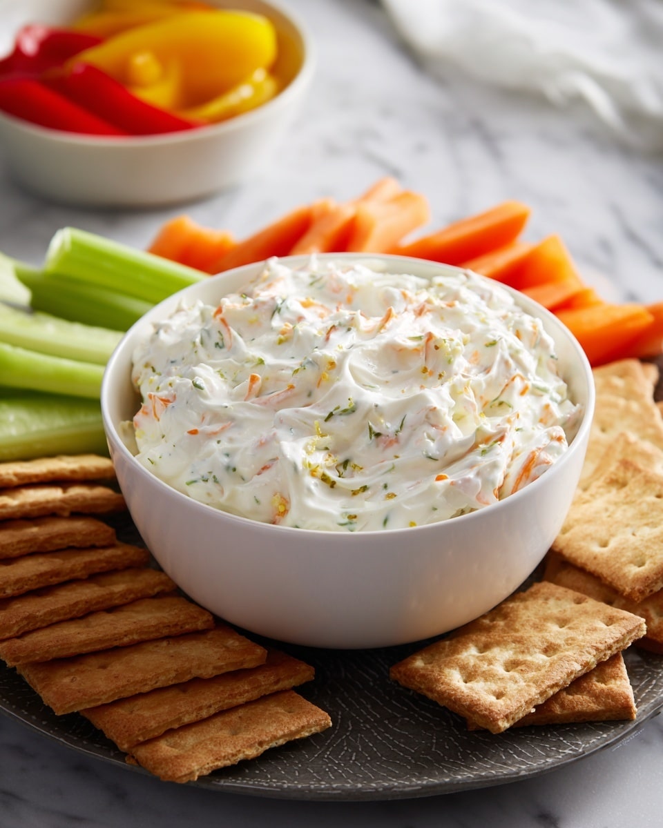 A round white bowl filled with a creamy dip that has visible small chunks of light tan and green herbs mixed in, giving it a textured look. Around the bowl, there is a white rectangular tray holding three groups of dippers: stacked light brown square cereal crackers on the left, bright orange carrot sticks in the middle, and green celery sticks on the right. Behind the tray, a white dish with sliced radishes is partly visible. All items are placed on a white marbled surface. Photo taken with an iphone --ar 4:5 --v 7