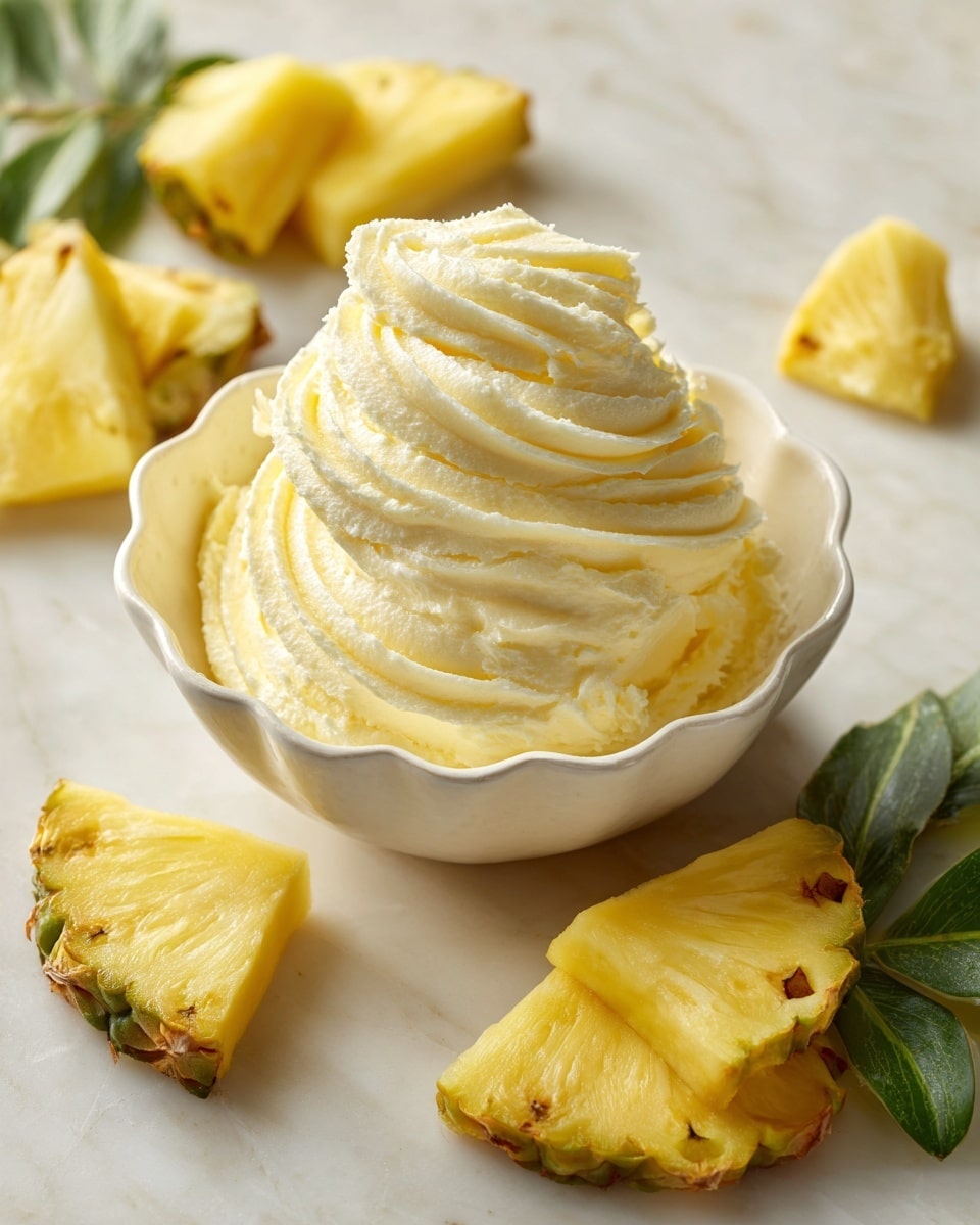 A tall swirl of pale yellow butter sits in a white bowl with scalloped edges, showing smooth, creamy texture with distinct ridges from piping. Around the bowl, pieces of fresh pineapple with bright yellow flesh and green leaves are scattered on a white marbled surface. The scene highlights the pale yellow butter as the main focus, with the natural colors of the pineapple adding freshness. Photo taken with an iphone --ar 4:5 --v 7