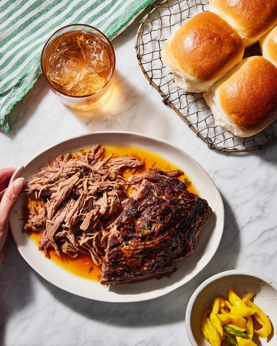 A white oval plate holds a large piece of cooked pork with a dark, crispy top layer on the right side. The left side shows shredded pink and light brown meat piled next to the whole piece, with some juices pooling at the bottom. The plate is placed on a wooden board, with gold-colored fork and knife resting on the edge of the plate. In the background, there is a glass of iced drink with a straw, a basket with yellow round bread rolls on the left, and a small white bowl filled with yellow peppers on the right, all set on a white marbled surface with a green and white striped cloth nearby. Photo taken with an iphone --ar 4:5 --v 7