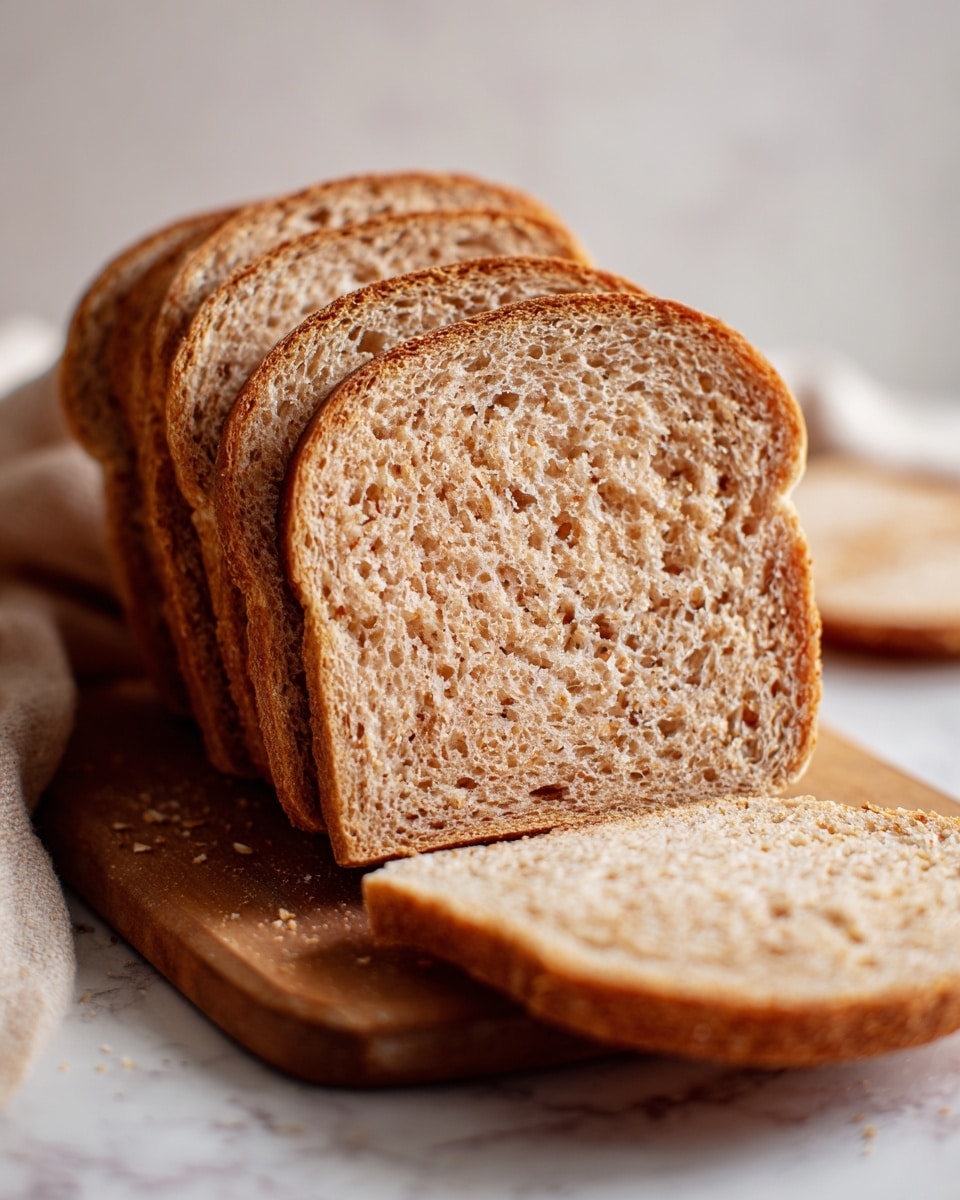 A close-up view of four slices of whole wheat bread arranged upright in a slight curve. The front slice is partially out of focus, showing the soft texture and porous crumb in a light brown color with a darker brown crust. The slices sit on a wooden board placed over a white marbled surface, with the grain of the wood contrasting the bread. The texture of the bread looks slightly rough and natural, showing small air pockets throughout the slices. Photo taken with an iphone --ar 4:5 --v 7