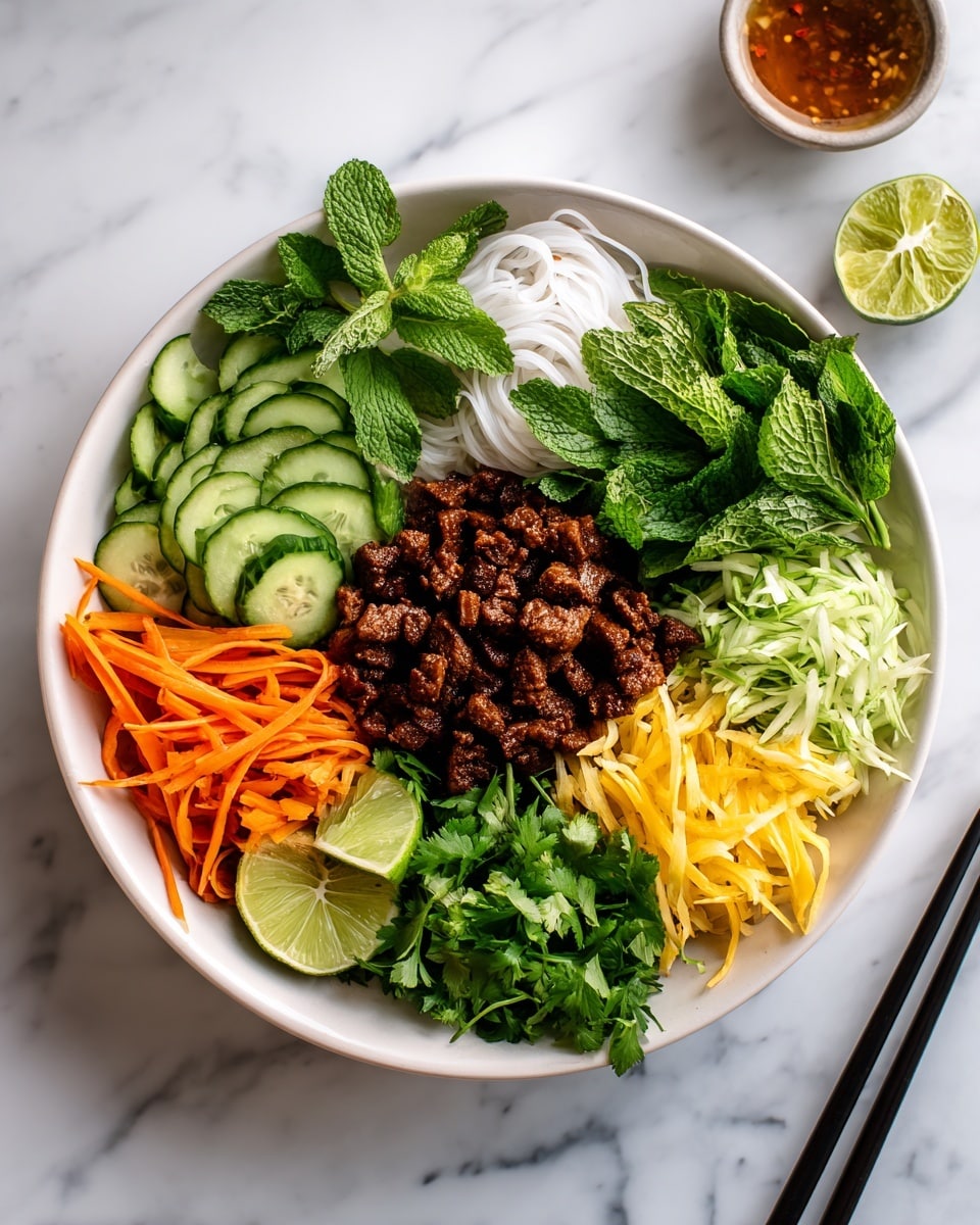 A white bowl sits on a white marbled surface filled with colorful layers arranged neatly. Starting from the left, thin round slices of light green cucumber are placed next to a small bunch of fresh green mint leaves. Beside the cucumber, there is a small pile of thin, bright orange carrot strips. To the right of the carrot is a heap of dark brown cooked pork pieces in the center. Surrounding the pork are smooth white noodles on the top left and finely shredded light green lettuce on the top right. Below the lettuce are pale yellow bean sprouts, and under the pork toward the bottom is a small bunch of fresh green cilantro. Two lime wedges sit on the right side near a black pair of chopsticks resting on the bowl’s edge. A small bowl with a sauce is partially visible in the top right corner. The overall arrangement is clean and colorful with fresh textures. photo taken with an iphone --ar 4:5 --v 7
