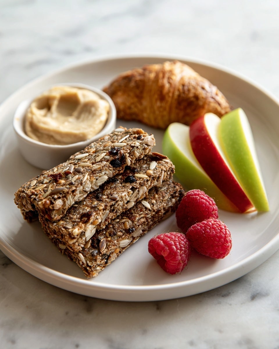 A white plate holds a small stack of three dark, seeded crackers with visible sunflower seeds and dried fruit bits on the left side. To the right of the crackers is a golden, crescent-shaped pastry with a slightly rough texture. In front of this are two slices of apple, one red and one green, placed upright, with two bright red raspberries sitting near them. On the left side of the plate is a creamy, light beige dip with a smooth texture. The plate is set on a white marbled surface. Photo taken with an iphone --ar 4:5 --v 7