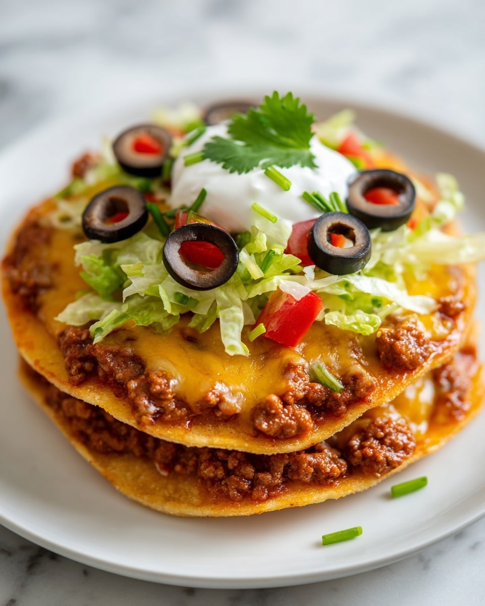 The image shows a two-layer stack of crispy golden tortillas topped with cooked ground beef and melted yellow cheese that spreads evenly over each tortilla. On the top layer, fresh shredded green lettuce is spread, with chopped red tomatoes and sliced black olives scattered around. A dollop of white sour cream sits in the center, garnished with small green chives and cilantro leaves. The stack is placed on a white marbled textured surface with a wooden board under the tortillas. Photo taken with an iphone --ar 4:5 --v 7
