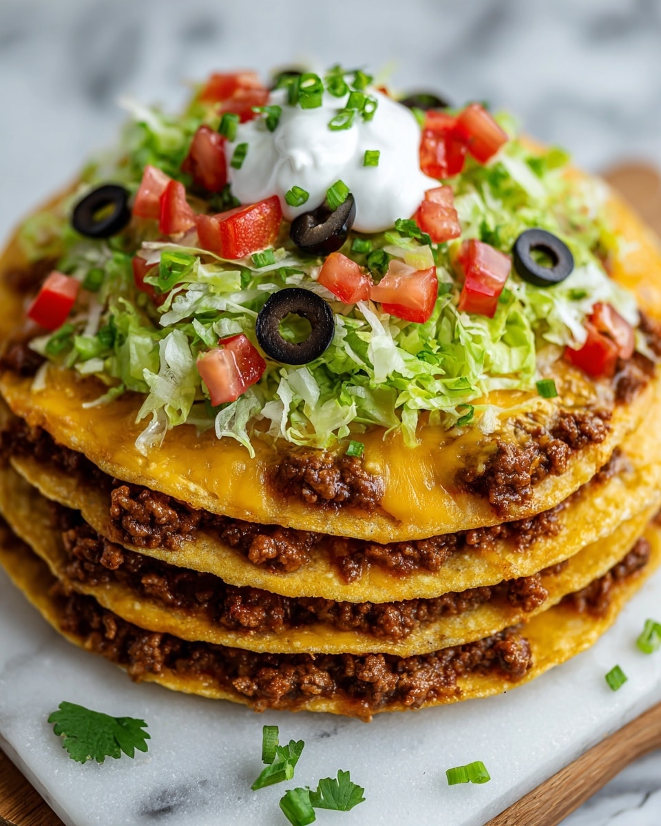 A stack of two crispy corn tortillas forms the base of this dish, each layer covered generously with melted yellow and white cheese and browned seasoned ground meat. On top of the upper tortilla, there is a layer of shredded light green lettuce, diced bright red tomatoes, sliced black olives, and chopped green onions. In the center sits a dollop of white sour cream garnished with green herbs. The stack is placed on a wooden board with a white marbled surface beneath. Photo taken with an iphone --ar 4:5 --v 7