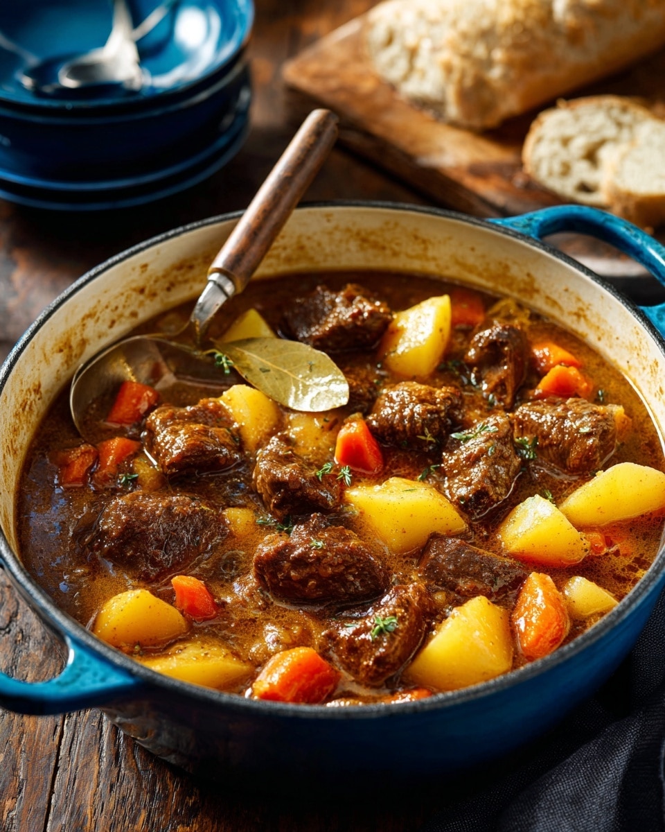 A large white cast iron pot with a blue handle filled with thick brown stew containing visible layers of soft orange carrot chunks, light yellow potato pieces, and pieces of tender brown meat immersed in a rich, textured brown sauce, with a bay leaf floating on top and a silver ladle resting inside. The pot sits on a white marbled surface with two stacks of deep white bowls with blue interiors placed nearby, and a rustic wooden board holding a round loaf of bread at the bottom right corner. photo taken with an iphone --ar 4:5 --v 7