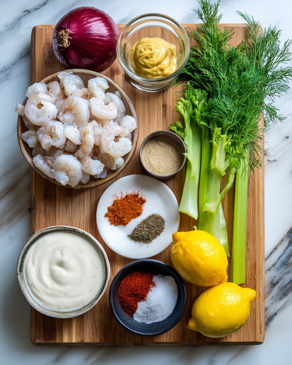 The image shows a wooden board with several cooking ingredients neatly placed. At the bottom left, a bowl filled with small, white and pink shrimp sits. Above the bowl, a small metal cup holds yellow mustard. To the right of the mustard, a white plate displays two small piles of seasoning powder, one orange and one black. A glass bowl with a white creamy sauce is near the center. Next to it, a bright green celery stalk stands vertically. Two whole yellow lemons are set to the bottom right of the celery. In the top right corner, there is a bunch of fresh green dill. A red onion is near the top left, on the wooden board. In the bottom right corner, a small black bowl contains white salt, red, and white seasoning powders. The whole setup is on a white marbled surface. Photo taken with an iphone --ar 4:5 --v 7