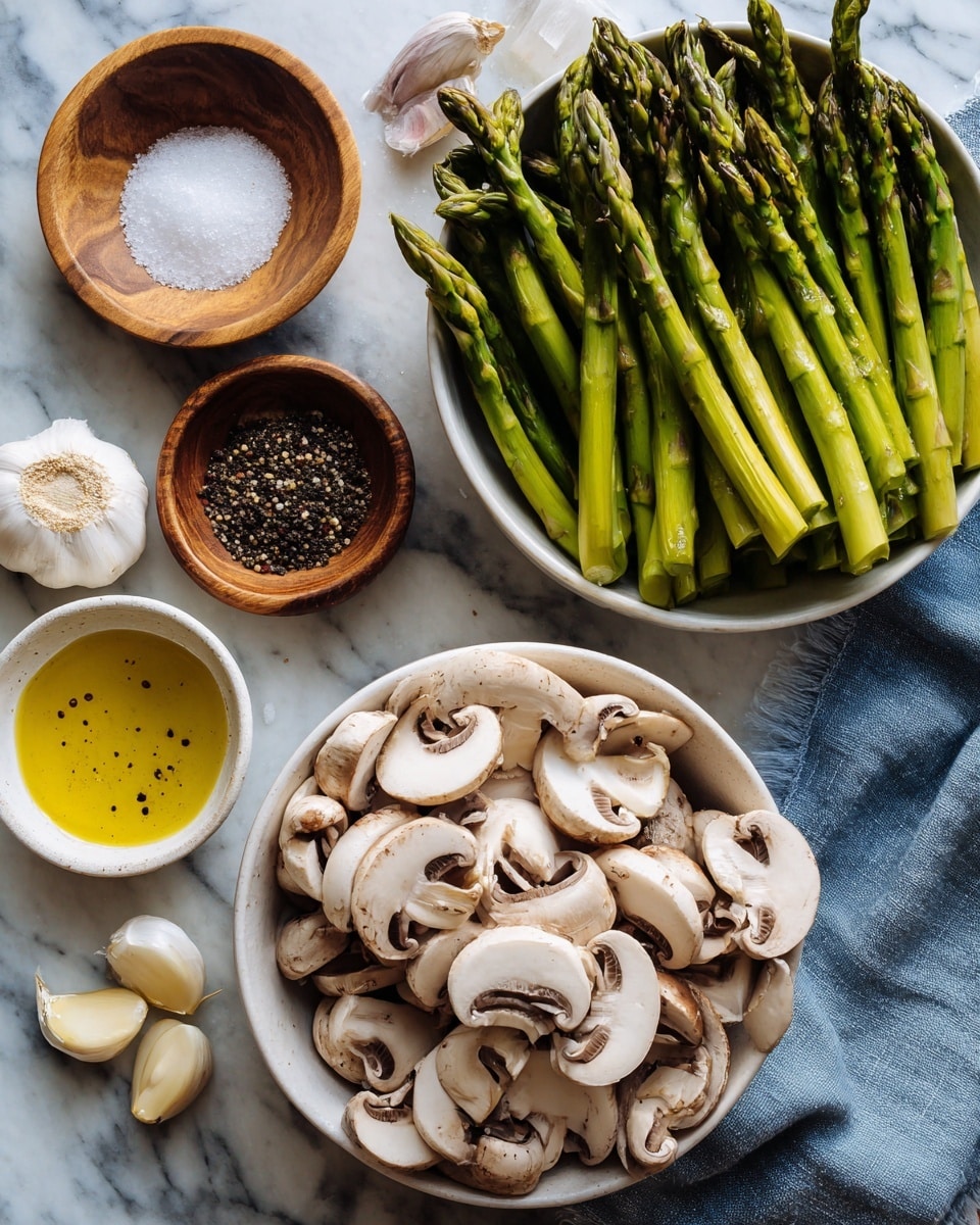 The image shows a white bowl filled with sliced button mushrooms on the right side and another white bowl filled with cut asparagus at the bottom left. Above and between these bowls, there are two small wooden bowls, one with white salt and the other with black pepper. To the left of these bowls, there are two garlic cloves and a small white bowl containing golden olive oil with some black specks. The surface beneath everything is a white marbled texture, and a blue cloth is partly visible in the bottom right corner. photo taken with an iphone --ar 4:5 --v 7