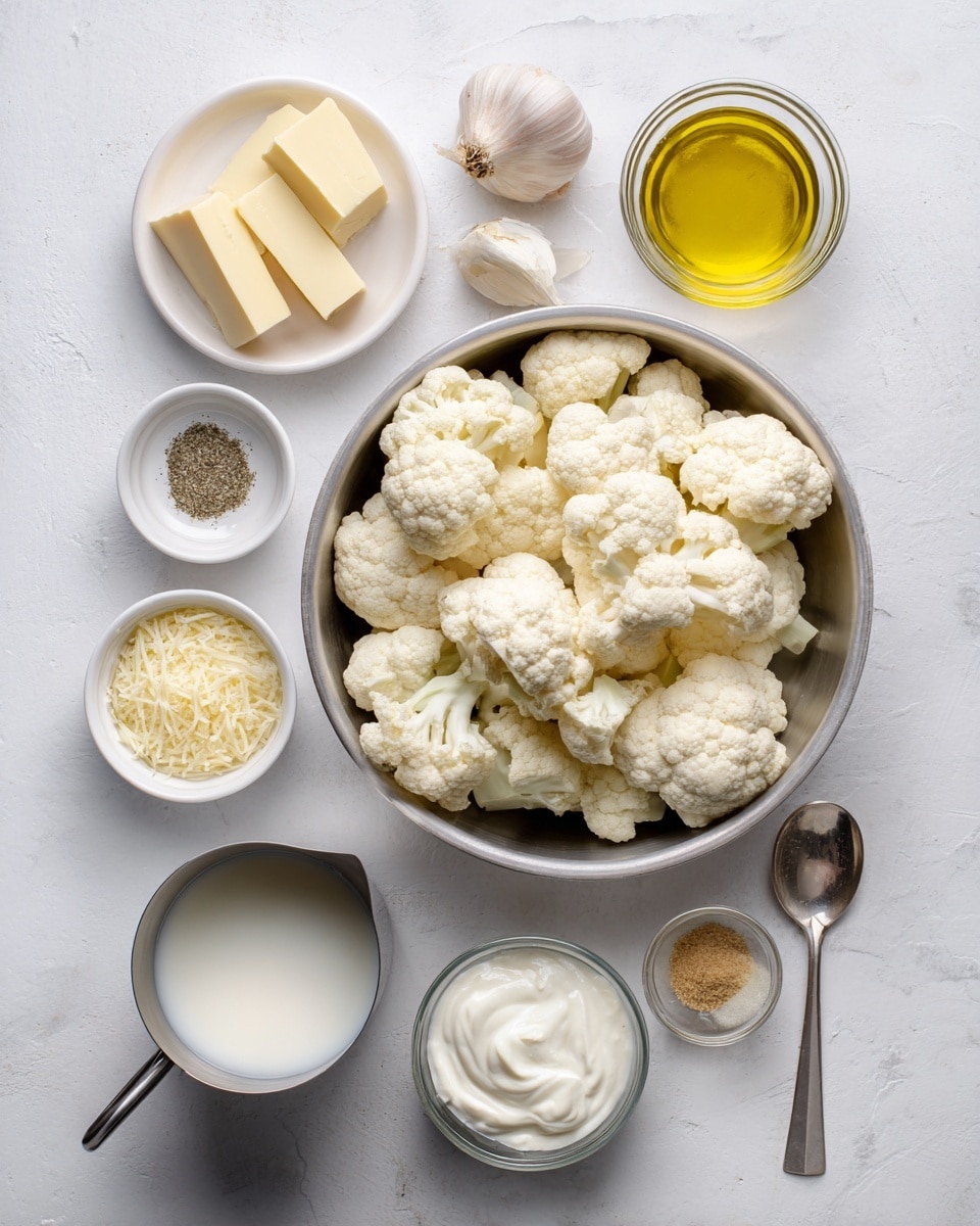 The image shows an overhead view of ingredients for creamy cauliflower mash arranged on a white marbled surface. In the center-right, there is a large metal bowl filled with raw cauliflower florets that are off-white and textured. Surrounding this bowl are small white dishes and measuring cups holding different ingredients: on the top left, a small white dish with two pale yellow butter sticks sits next to a metal cup partly filled with golden olive oil. Two garlic cloves rest nearby on the surface. Below that, there is a metal measuring cup with white milk or creamy liquid, and a small bowl of thick white sour cream or smooth cream cheese. Near the top right, a transparent bowl contains light yellow grated parmesan, while beside it there is a small bowl with yellow-brown stock powder and a spoon. In the middle, a small clear bowl shows coarse salt and black pepper mix. The whole arrangement is neat, with clear labels pointing to each ingredient. The scene is bright and clean, emphasizing the simplicity of the ingredients. Photo taken with an iphone --ar 4:5 --v 7