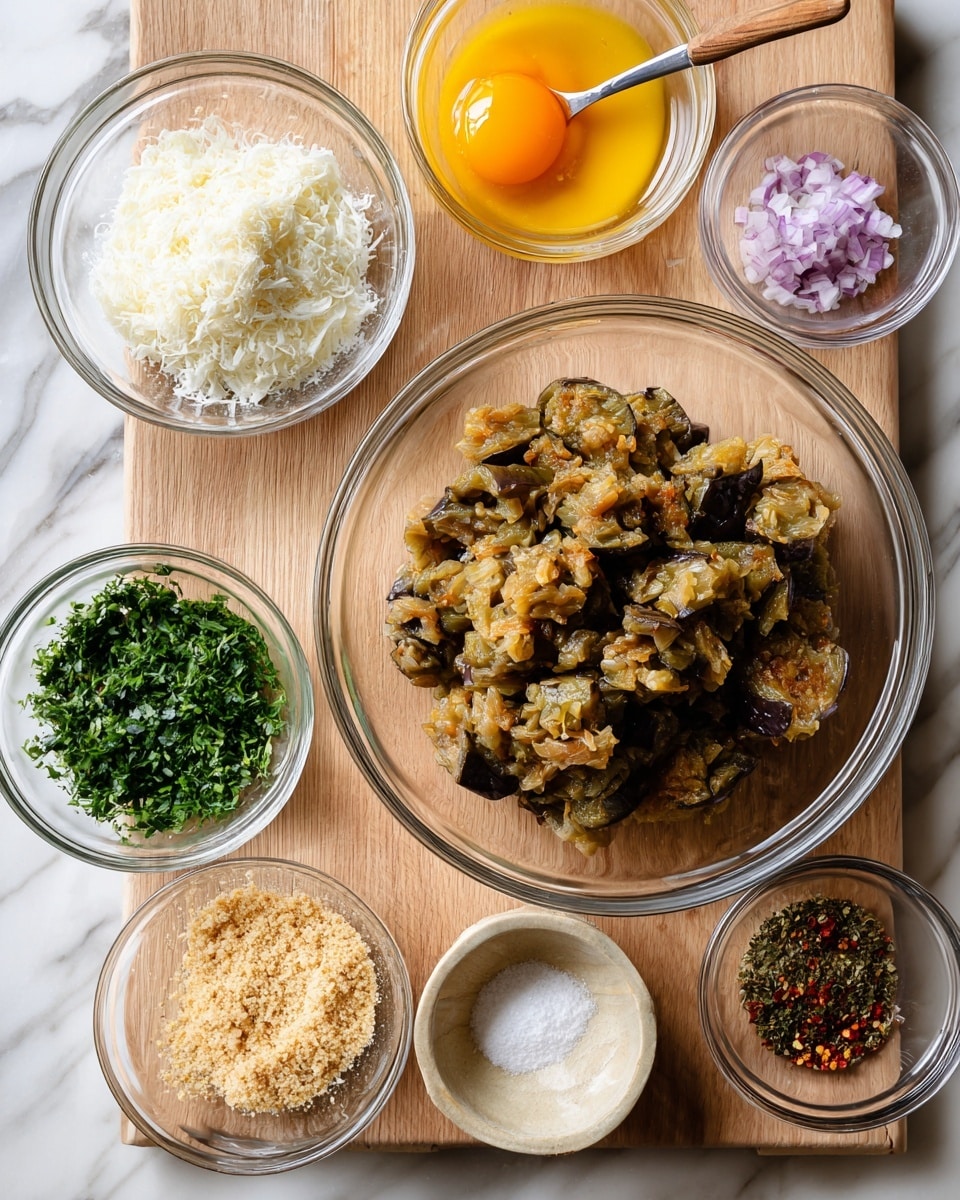A clear glass bowl in the center filled with wrinkled, light brown cooked eggplant pieces showing a soft, uneven texture, surrounded by six smaller clear glass bowls arranged on a wooden board. The smaller bowls contain, from top left clockwise: white grated cheese with a fine texture, a yellow-orange beaten egg mixture with a spoon inside, chopped fresh green herbs with leafy textures, pink salt with a fine grain, red chili flakes with a rough texture, and ground black pepper with a speckled pattern. Near the bottom left, two more small bowls hold beige breadcrumbs and pale minced garlic, all set on a wood board over a white marbled texture. Photo taken with an iphone --ar 4:5 --v 7