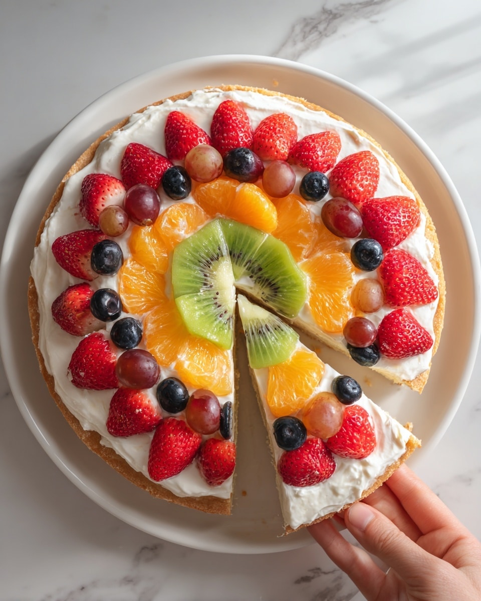 A single slice of light brown cake with a soft, crumbly texture forms the base layer on a white round plate. The cake is topped evenly with a thick layer of smooth white cream. On top of the cream, there are slices of red strawberries with visible seeds, two round dark blue blueberries, and two pieces of green kiwi with tiny black seeds arranged on the left side. A silver fork holds a small piece of the cake with cream and a tiny orange fruit piece near the bottom right of the plate. The plate rests on a white marbled surface. photo taken with an iphone --ar 4:5 --v 7