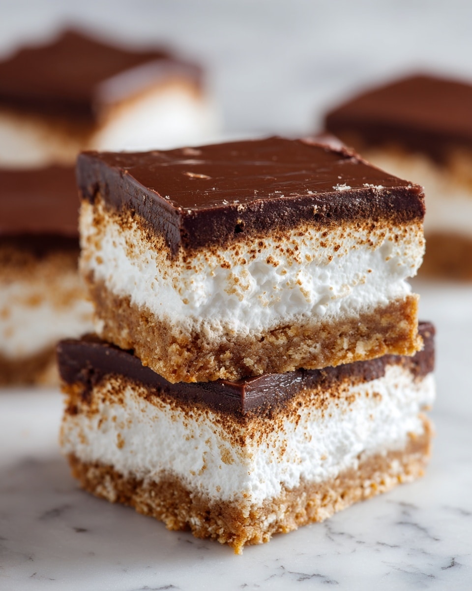 The image shows a stack of three dessert squares with three visible layers each. The bottom layer is a thick, crumbly light brown base that looks dense and textured. The middle layer is a thick, fluffy white marshmallow-like layer with a soft texture and slight brown specks. The top layer is a smooth, glossy dark brown chocolate layer that is evenly spread. The dessert squares are placed on a white marbled surface, with a soft blurred background. The photo is focused on the stacked snacks, highlighting their clean, sharp edges and layers. photo taken with an iphone --ar 4:5 --v 7