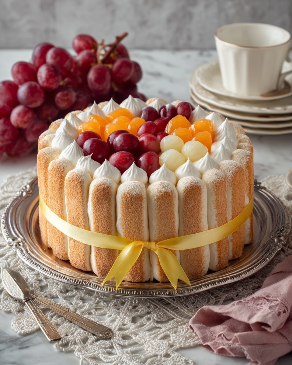 A round cake with a thick border of upright ladyfingers tied with a thin yellow ribbon around the outside sits on a shiny silver tray with ornate edges and a white lace doily underneath. Inside the border, the cake is divided into four sections: one filled with small, bright orange fruit pieces, another with cut pale yellow fruit, a third with whole red grapes, and the last with a layer of white whipped cream topped with small whipped cream peaks. The entire scene is on a white marbled surface with a bunch of red grapes and a white cup and saucer set with gold rims in the background, photo taken with an iphone --ar 4:5 --v 7