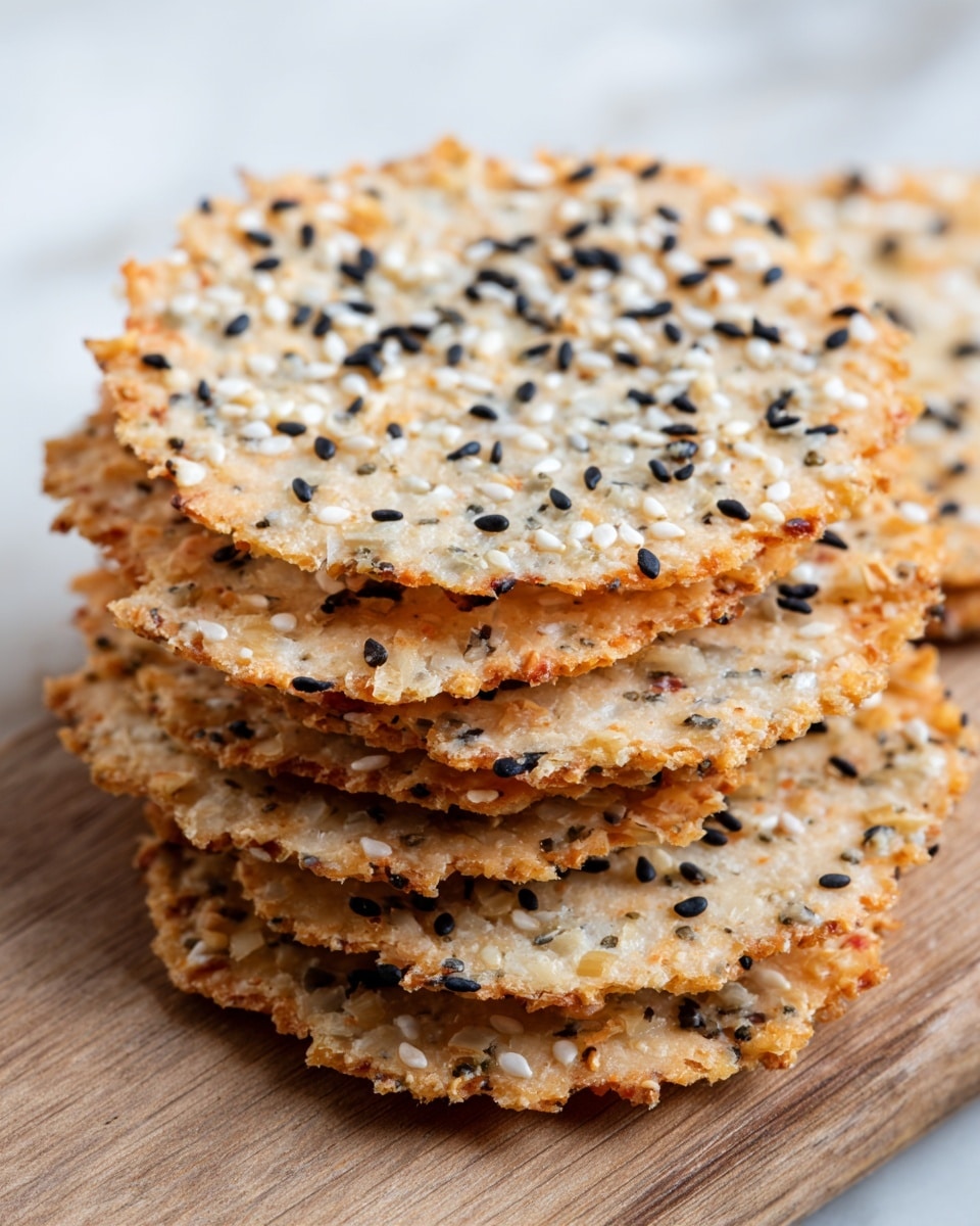 A close-up view of a thin, round crisp cracker held between a woman's thumb and finger. The cracker is light golden brown with darker toasted edges and is covered with scattered white and black sesame seeds. The texture looks rough and crunchy with small air bubbles and an uneven surface. The background is softly blurred with a neutral tone and the entire scene is set on a white marbled surface. photo taken with an iphone --ar 4:5 --v 7