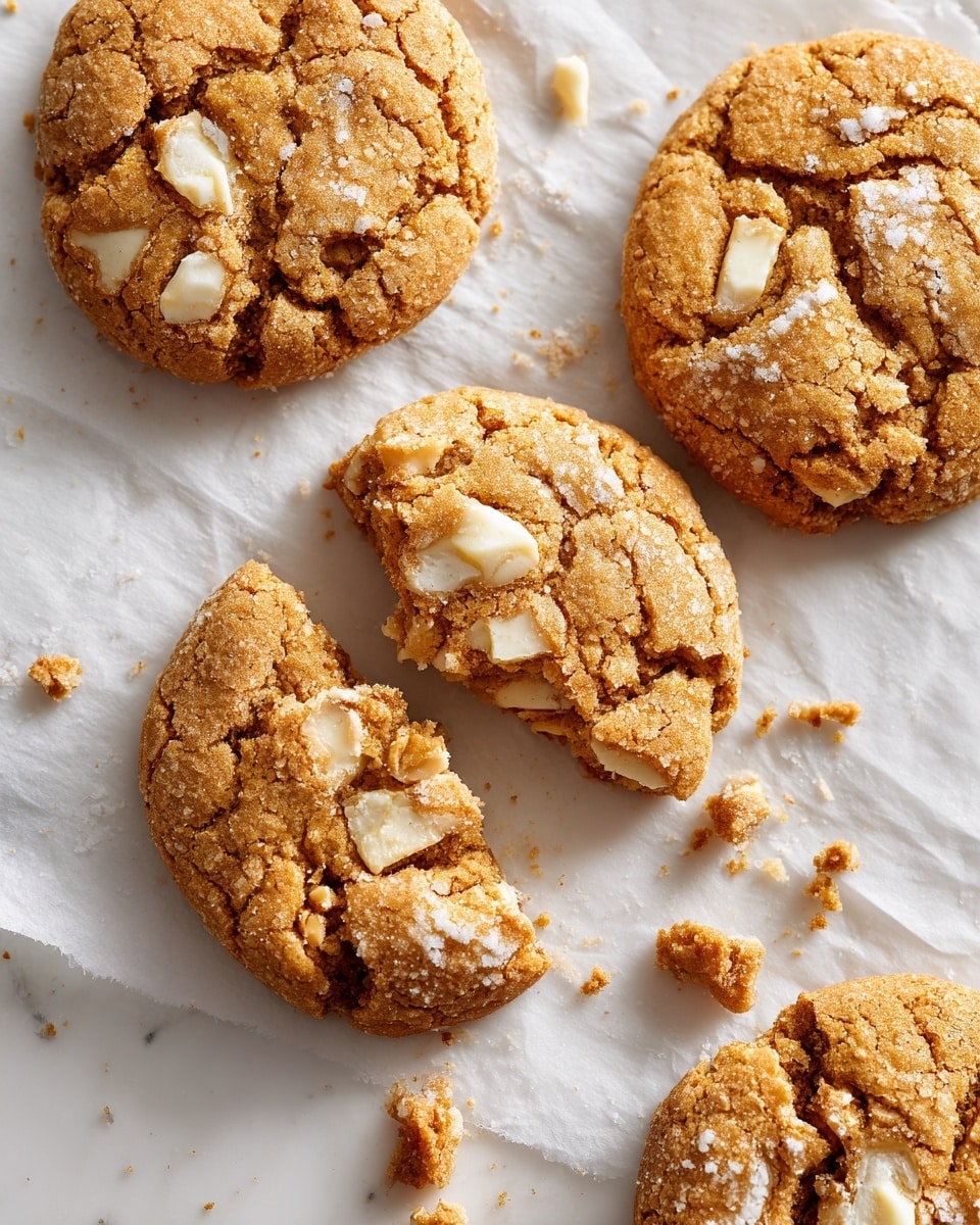 The image shows a close-up of soft cookies on white parchment paper placed on a white marbled surface. There are four cookies, three whole and one broken in half, revealing a moist inside with white chunks spread throughout. The cookies have a cracked top with a light brown, sugar-dusted texture and visible white pieces embedded inside. A few crumbs are scattered on the parchment nearby, adding a sense of freshness. The overall color palette is warm brown tones with white accents from the chunks. Photo taken with an iphone --ar 4:5 --v 7