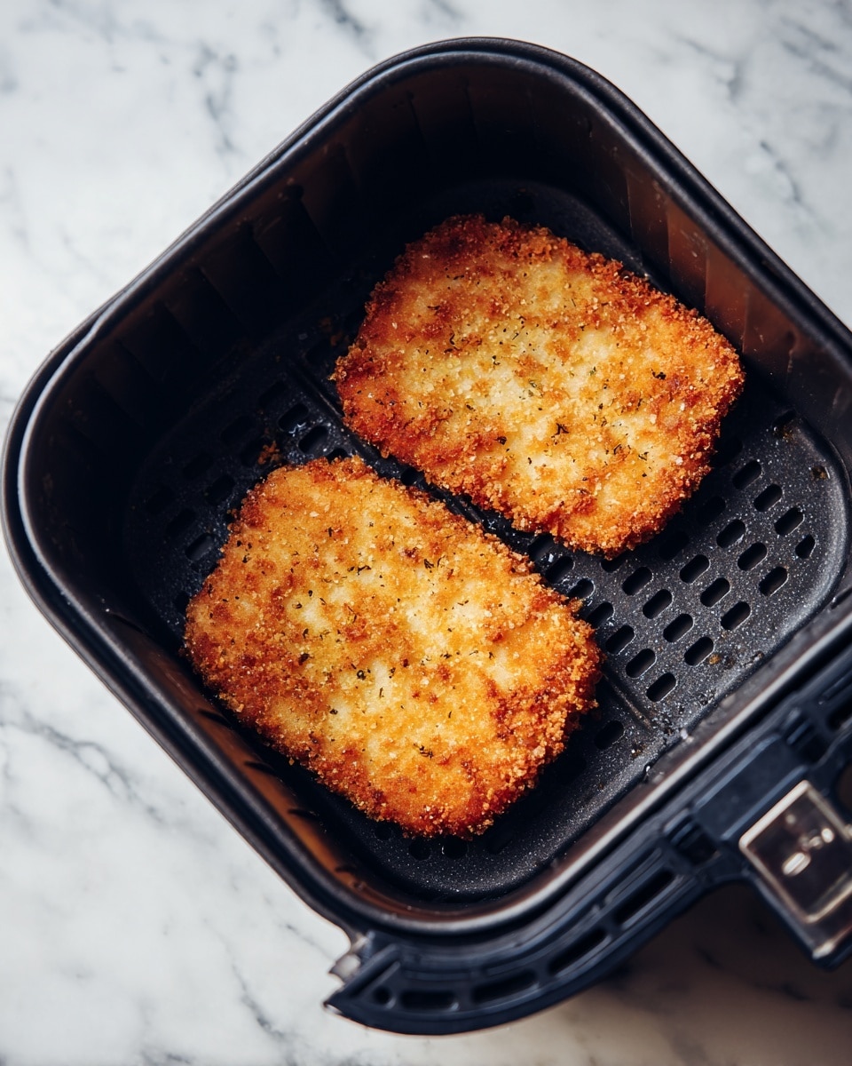 Two pieces of crispy breaded food with a golden brown color and coarse texture sit inside a black air fryer basket. The food has uneven, crunchy edges with some darker spots from cooking. The black basket has a perforated bottom and is placed on a white marbled surface. photo taken with an iphone --ar 4:5 --v 7