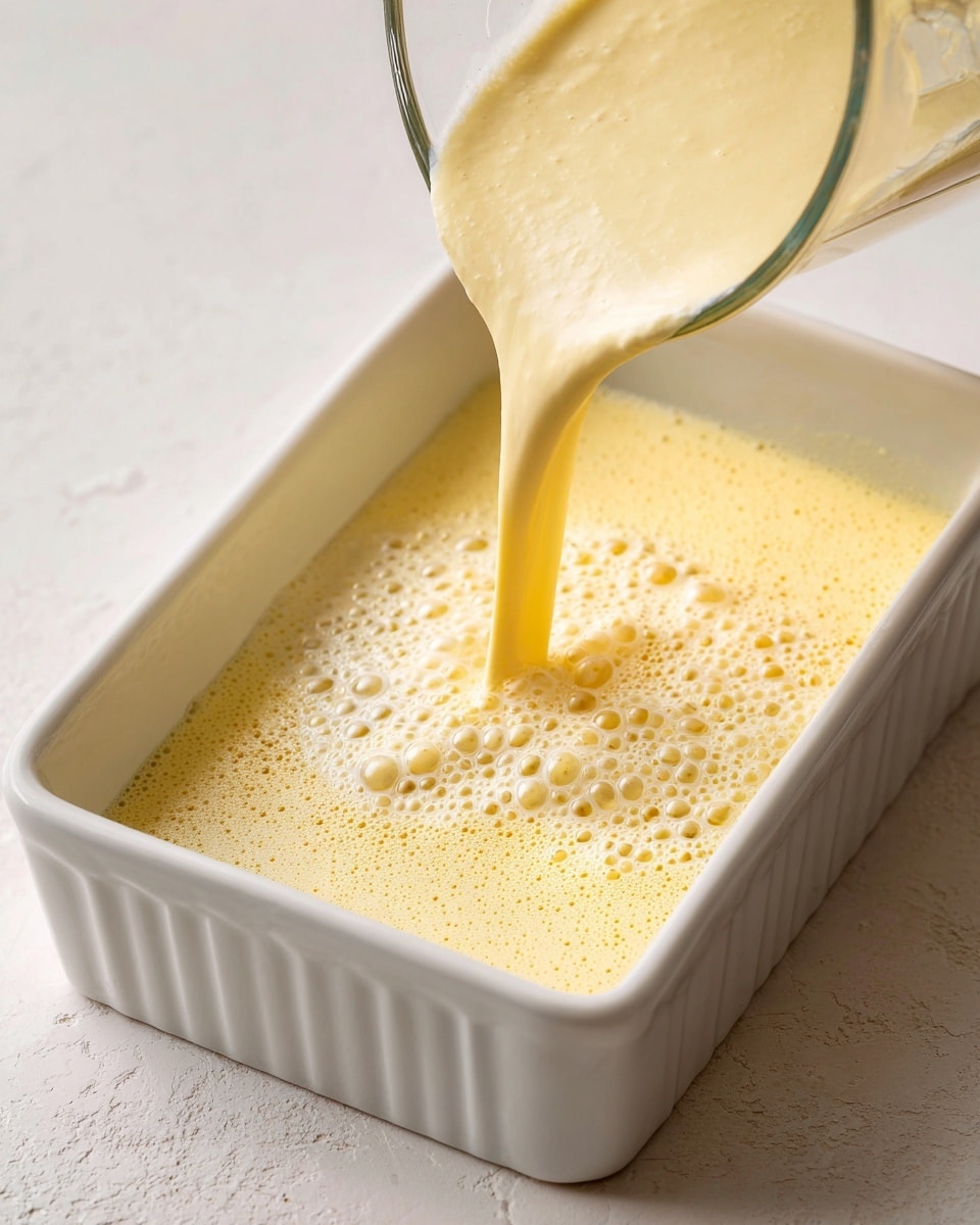 A thick, smooth, light yellow cream is being poured from a glass container into a white rectangular dish, filling it nearly to the top. The cream has a slightly airy texture with tiny bubbles on its surface, creating a soft, foamy look mainly on one side. The dish sits on a surface with a white marbled texture. The soft contrast between the pale yellow cream and the clean white dish makes the cream stand out prominently. Photo taken with an iphone --ar 4:5 --v 7