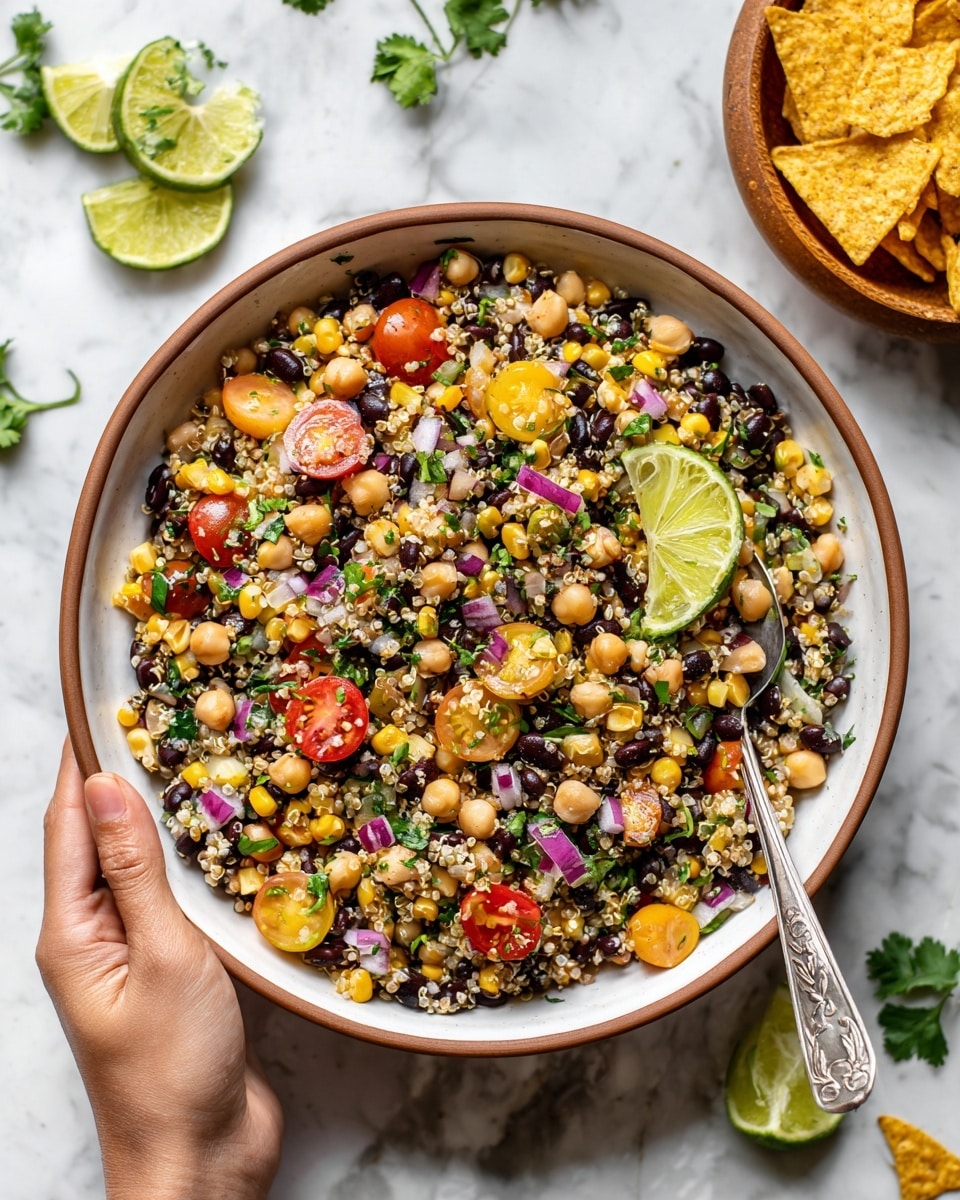 A close-up of a large white bowl filled with a colorful quinoa salad showing three main layers: the bottom layer of cooked quinoa grains in light beige and red shades mixed evenly; the middle layer with black sliced olives, yellow corn kernels, beige chickpeas, and small red onion pieces scattered throughout; and the top layer of bright red cherry tomatoes and green chopped herbs adding pops of fresh color. The bowl sits on a white marbled surface with a silver spoon resting on the right side inside the bowl. Photo taken with an iphone --ar 4:5 --v 7
