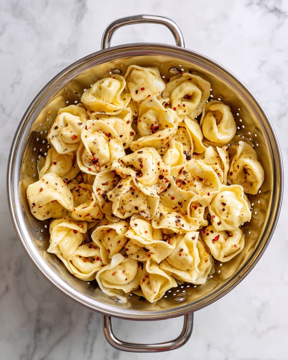 A metal colander filled with cooked tortellini pasta, each piece a light yellow color with a slightly shiny texture. The tortellini are evenly coated with small specks of black pepper and some red chili flakes, giving the surface a subtle contrast. The colander has two handles, and it sits on a white marbled surface, being the only object in the photo. photo taken with an iphone --ar 4:5 --v 7