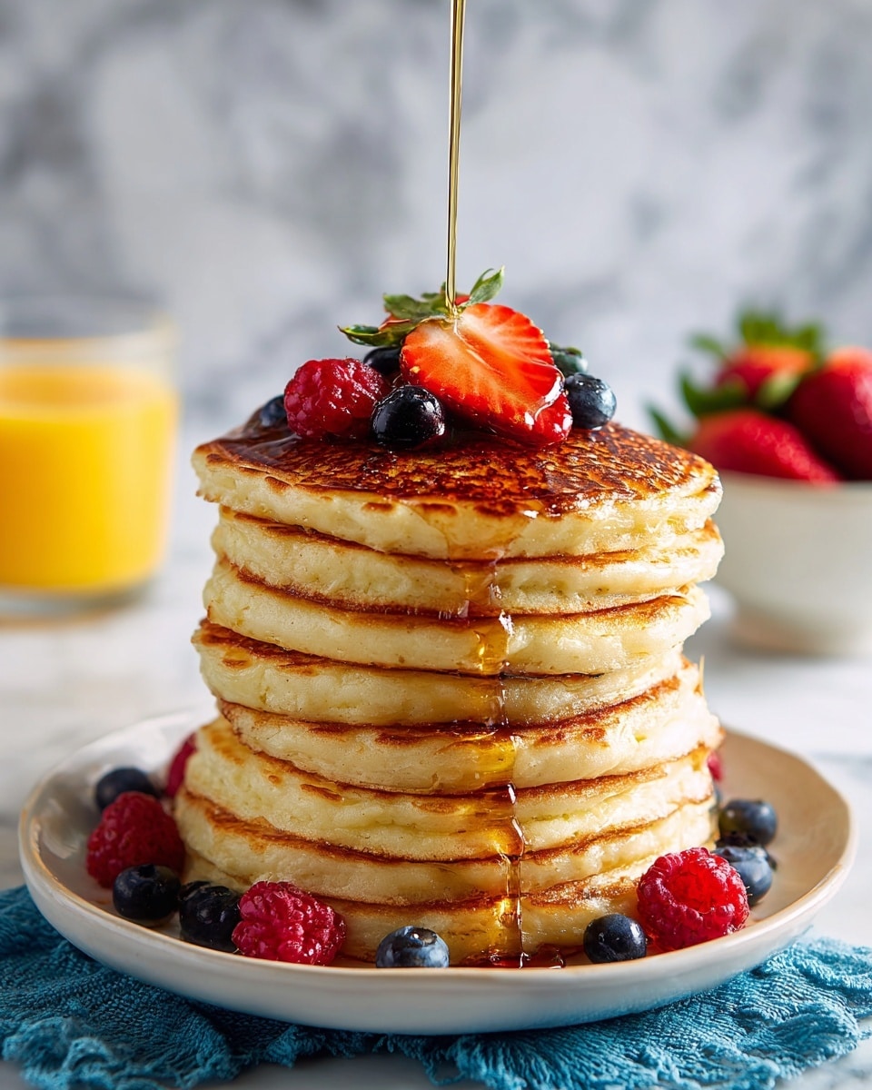 A stack of six thick pancakes is placed in the center of a white plate on a white marbled surface. The pancakes have a golden-brown top with light brown edges and a soft, fluffy texture visible in the layers. A woman's hand holds a fork that pierces through the front portion of the stack, lifting a triangular piece that shows the moist and airy inside. There are a few berries on top of the stack, including blueberries and raspberries, adding bright blue and red colors on the golden pancakes. In the blurred background, a white bowl with more berries and a glass of orange juice can be seen, along with a blue cloth. Photo taken with an iphone --ar 4:5 --v 7
