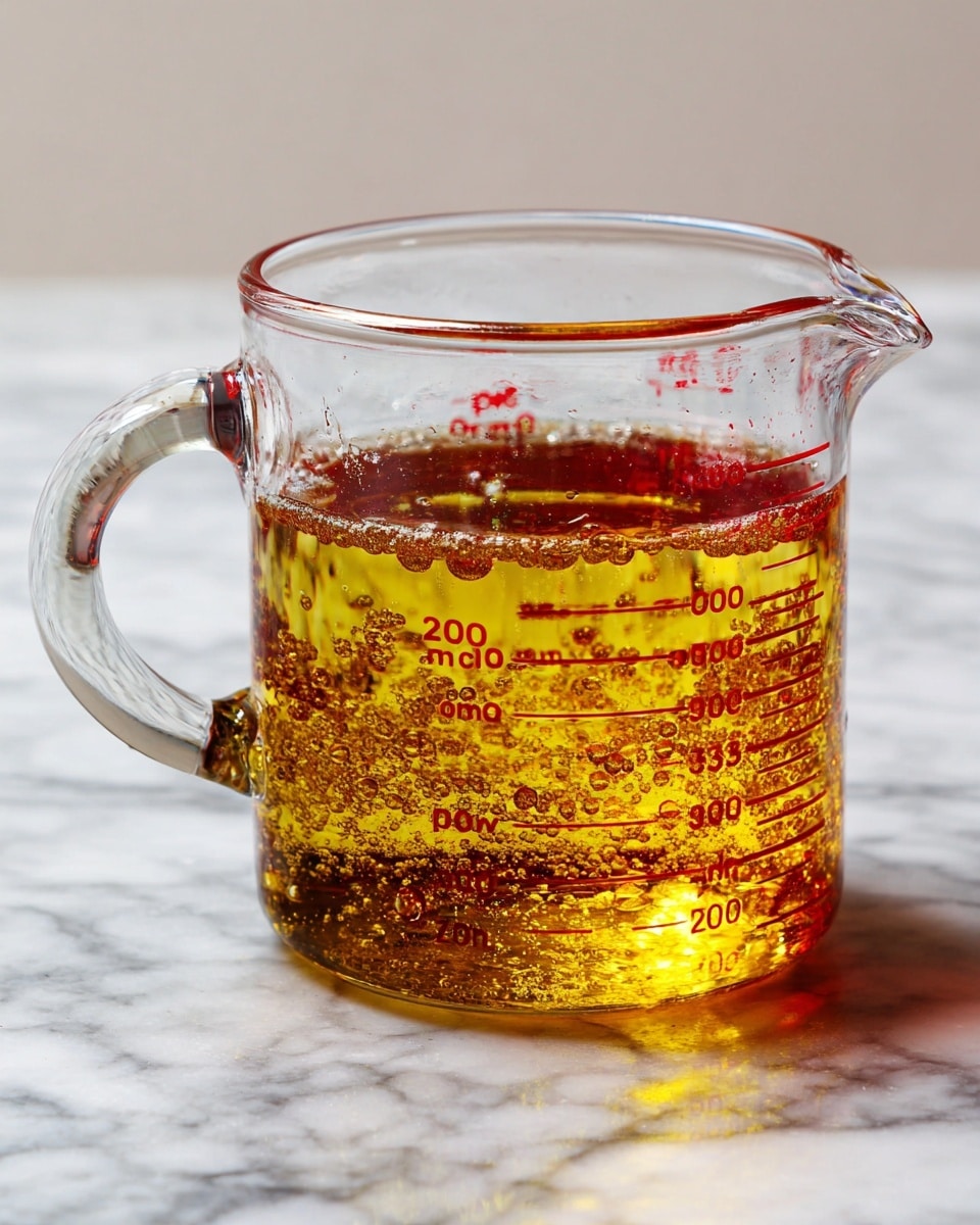 A clear glass Pyrex measuring cup filled with two layers of liquid separated by color and texture. The bottom layer is a cloudy, light brown liquid, while the top layer is a transparent golden yellow. The cup is placed on a white marbled surface, and the measuring marks on the glass are visible in red. Photo taken with an iphone --ar 4:5 --v 7