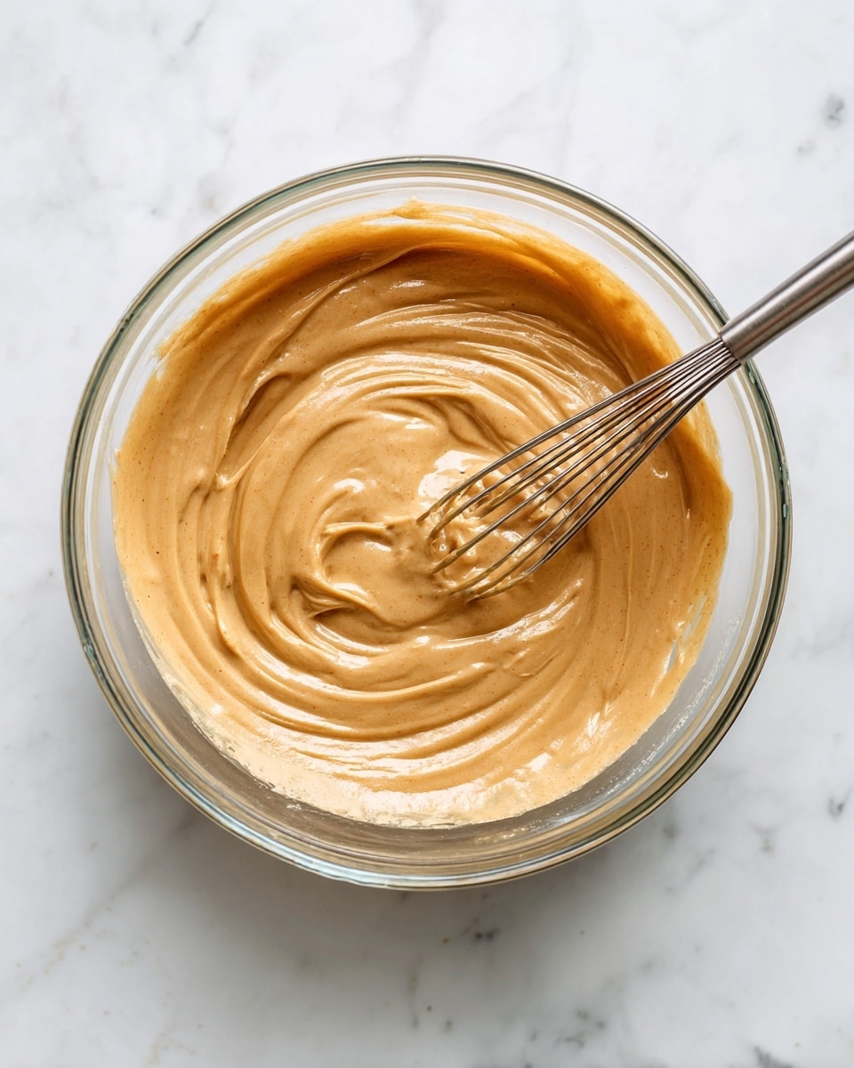 A clear glass bowl filled with a smooth, thick light brown batter that has visible swirling patterns from mixing, with a metal whisk partially submerged on the right side, resting inside the batter. The bowl is placed on a white marbled surface, giving a clean and bright backdrop. The texture of the batter looks soft and creamy with an even consistency, showing folds and lines from the whisk's movement photo taken with an iphone --ar 4:5 --v 7